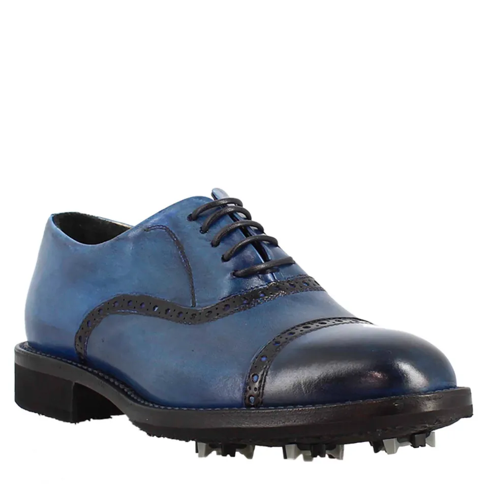 Leonardo Shoes Golf Scarpe Golf Pelle Blu Tacchetti