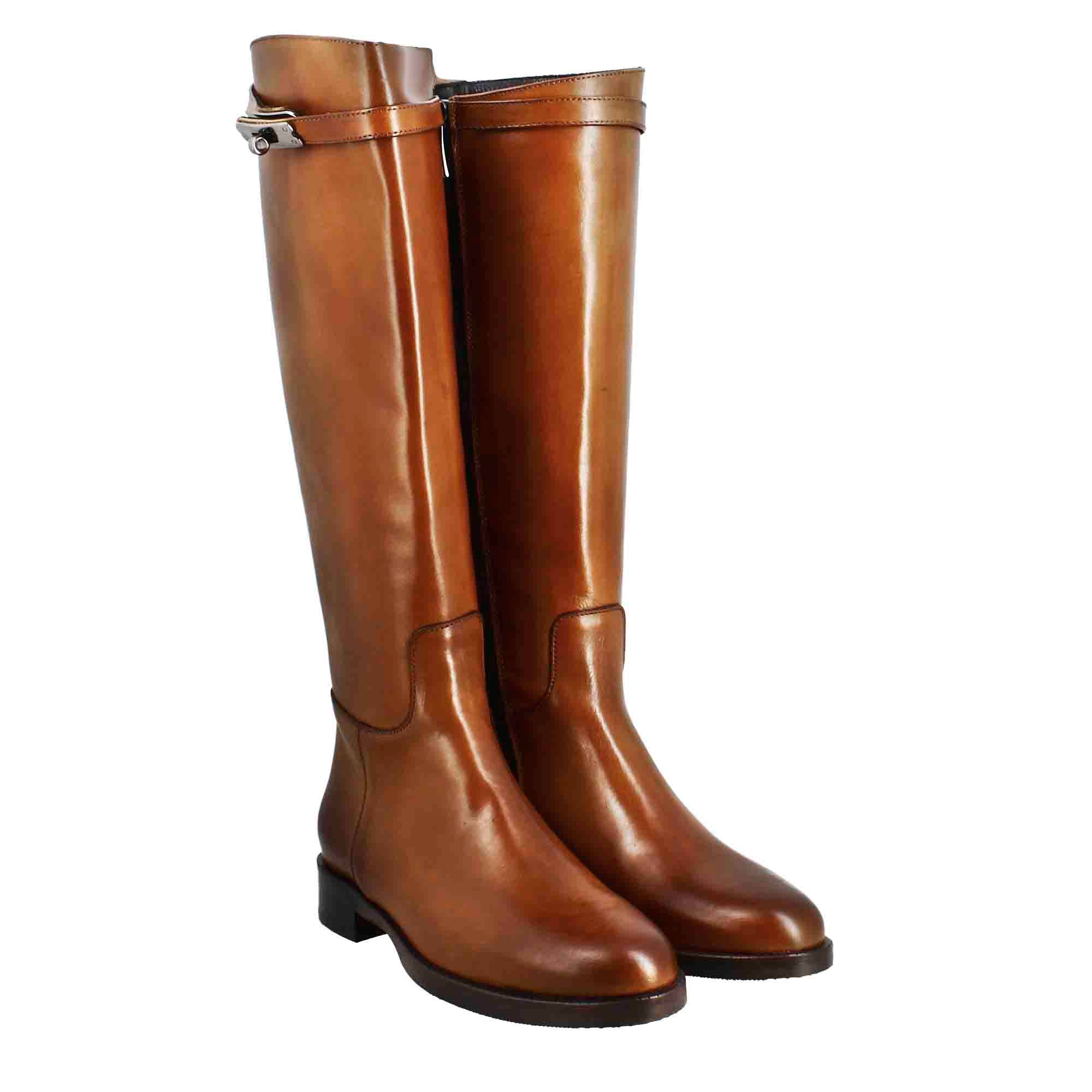 Leonardo Shoes Stivali donna ginocchio pelle marrone tacco basso