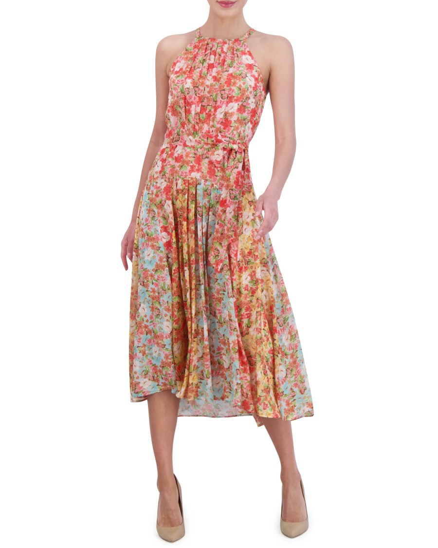 Vince Camuto abito midi chiffon plissettato stampato halter