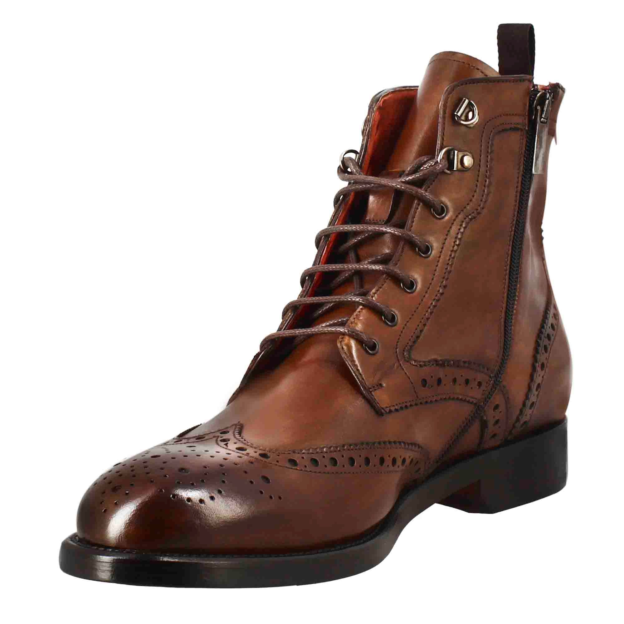 Leonardo Shoes Stivaletti Uomo Anfibio Brogue Pelle Marrone