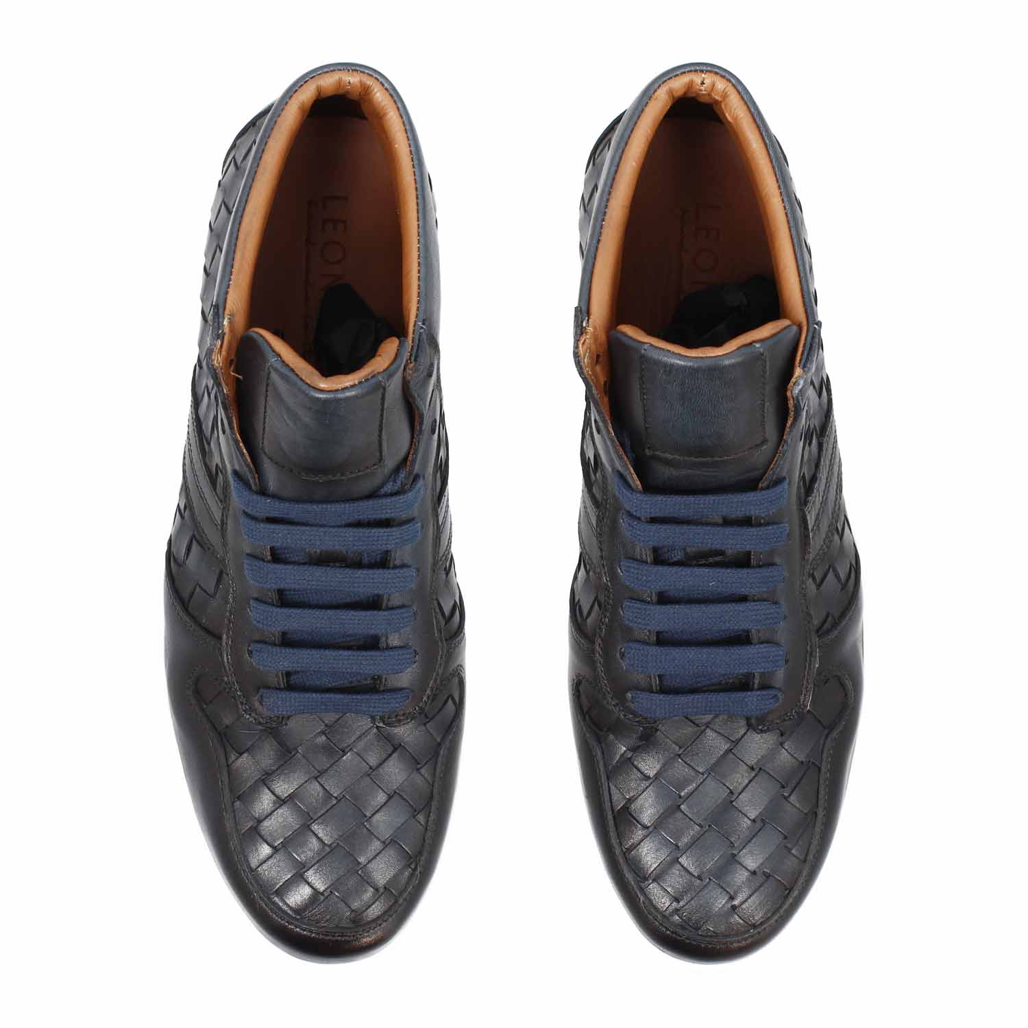 Leonardo Domizio sneakers alte uomo pelle blu intrecciata