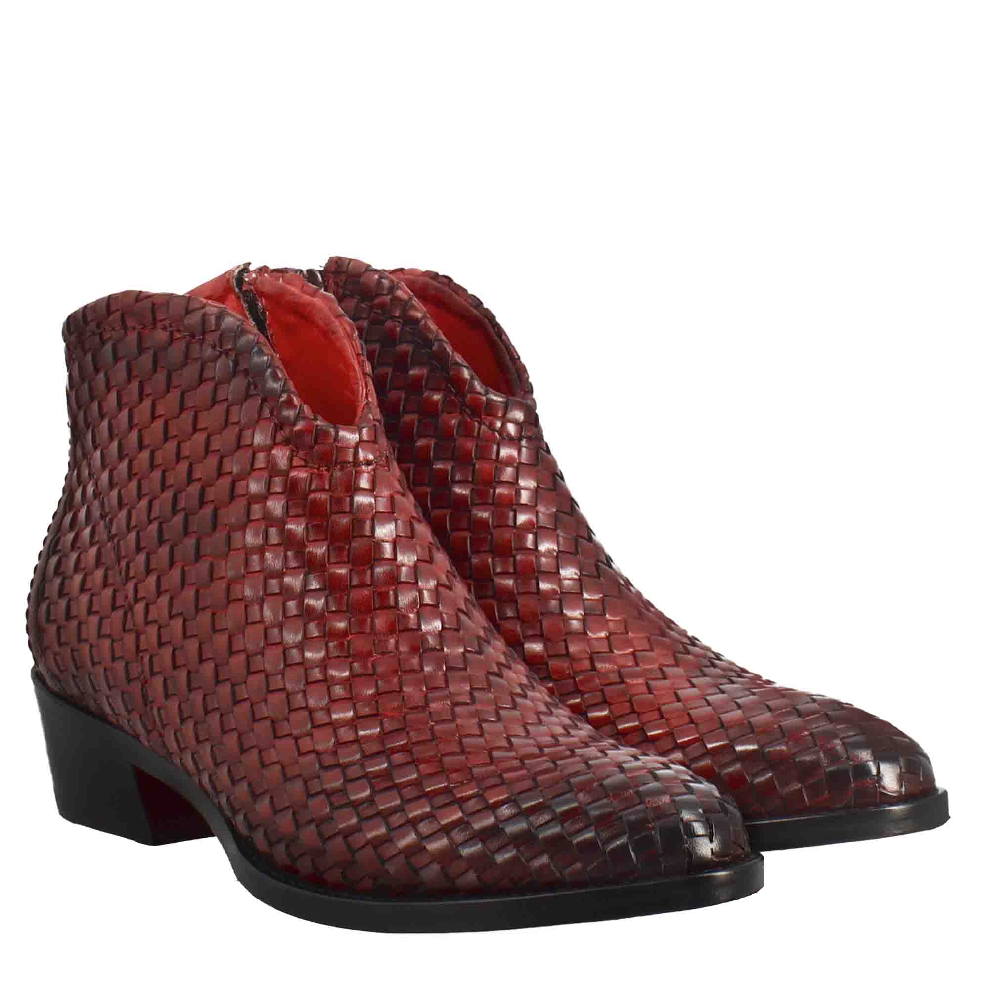 Leonardo Shoes Stivali Donna Stivaletto Pelle Intrecciata Rosso Tacco Medio
