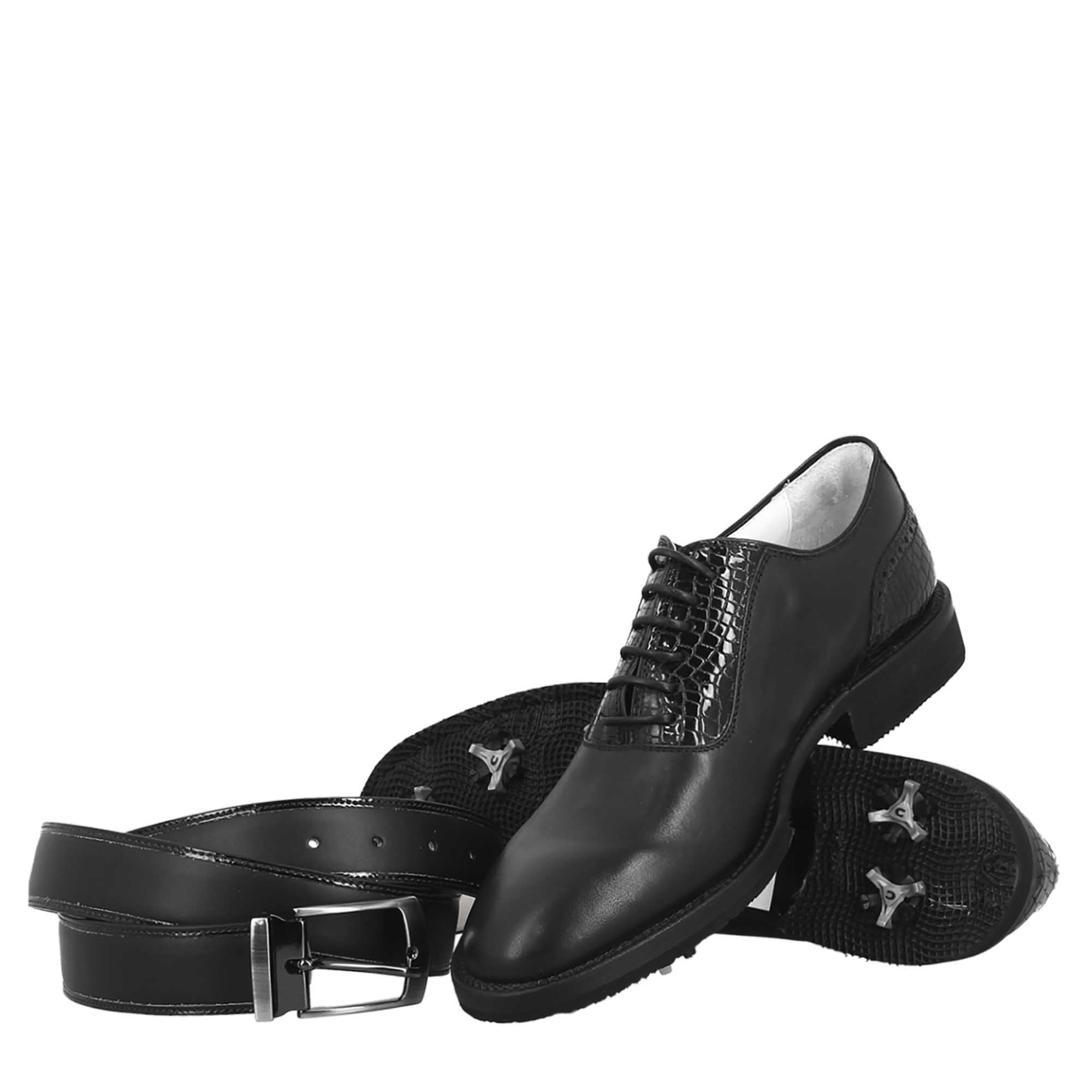 Leonardo Shoes Golf Scarpe da Golf Pelle Nero Punta Liscia