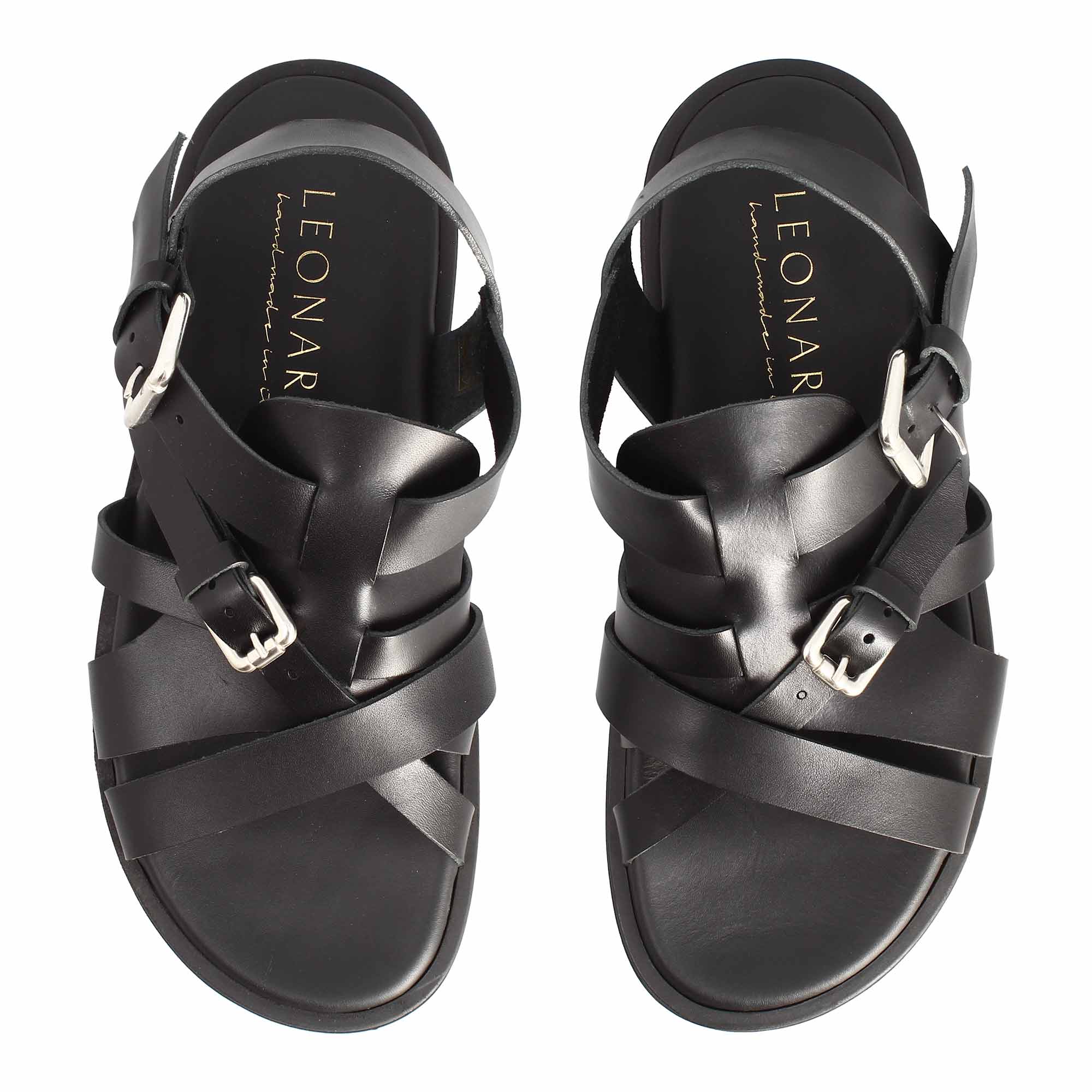 Leonardo Shoes Sandali Uomo BF-30 pelle neri con fibbia