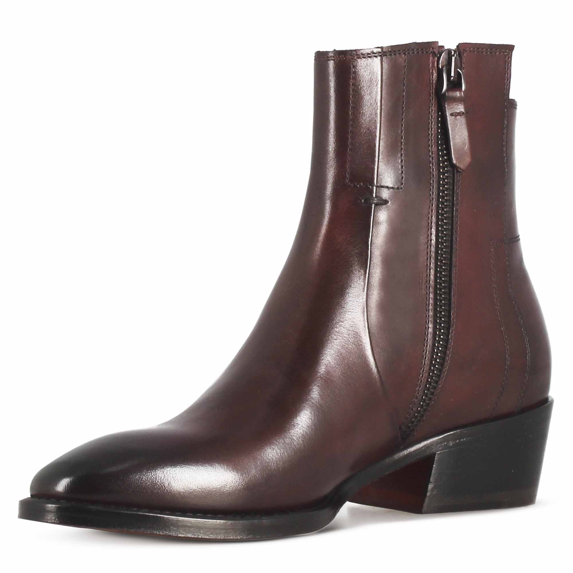 Leonardo Shoes Stivali Donna Texano Stivaletto Pelle Bordeaux Tacco 4