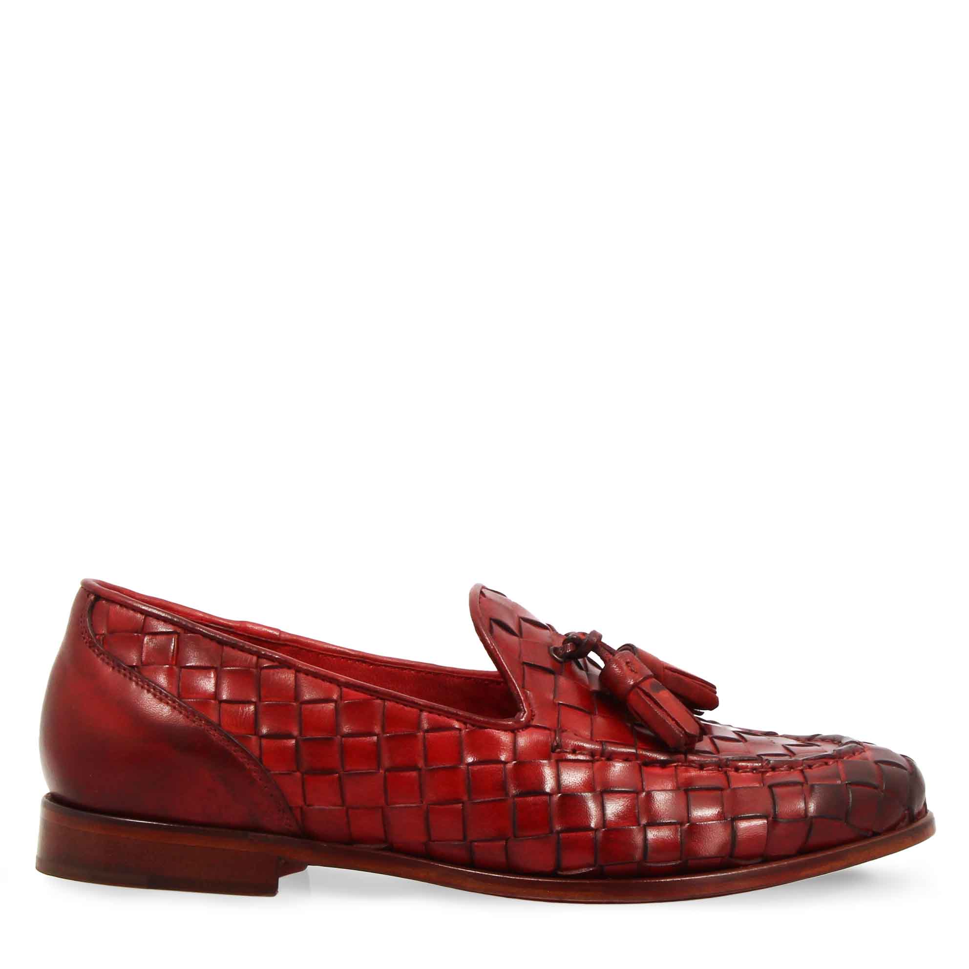 Leonardo Shoes Mocassino intrecciato rosso nappine cuoio