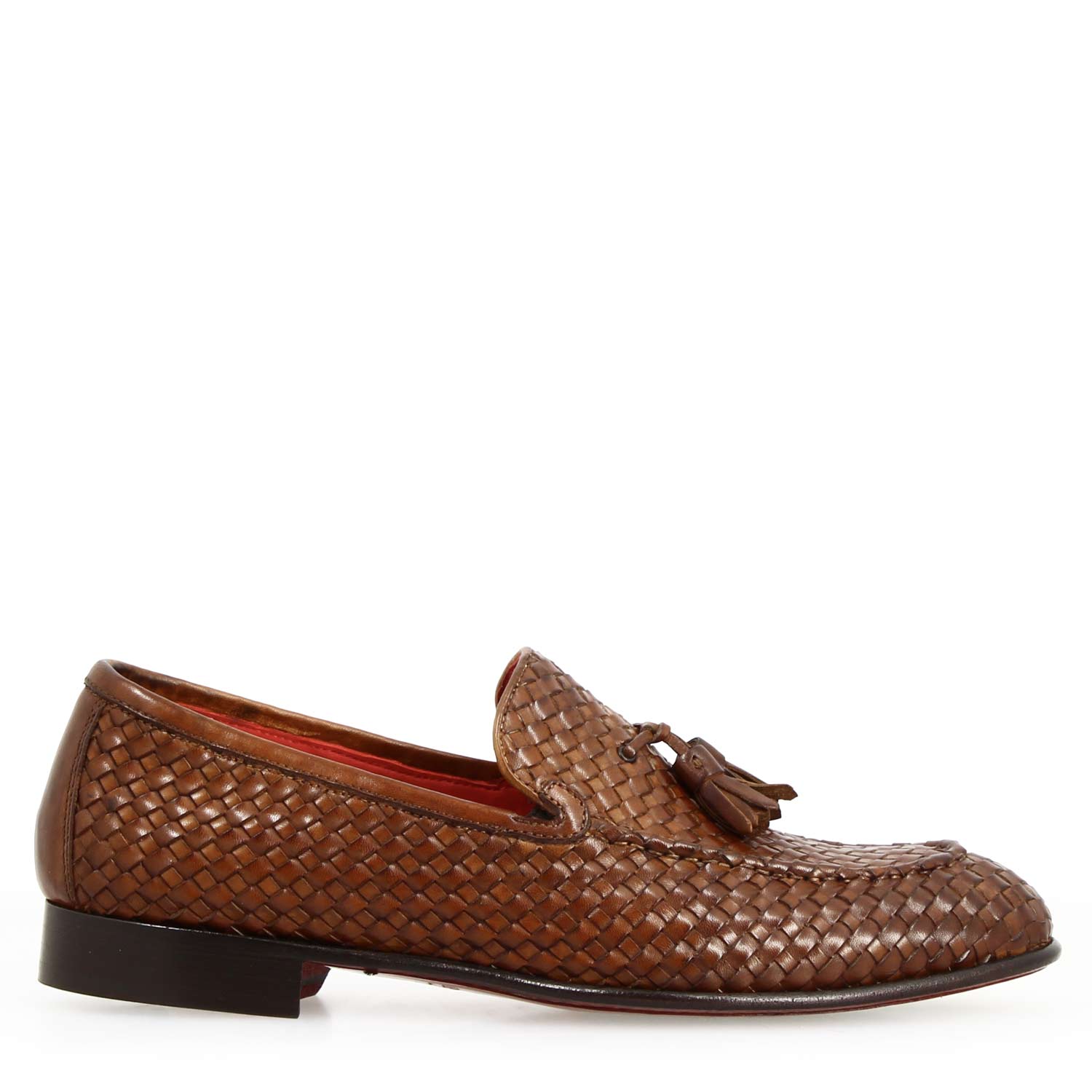 Leonardo Shoes Novello mocassino uomo pelle marrone intrecciata