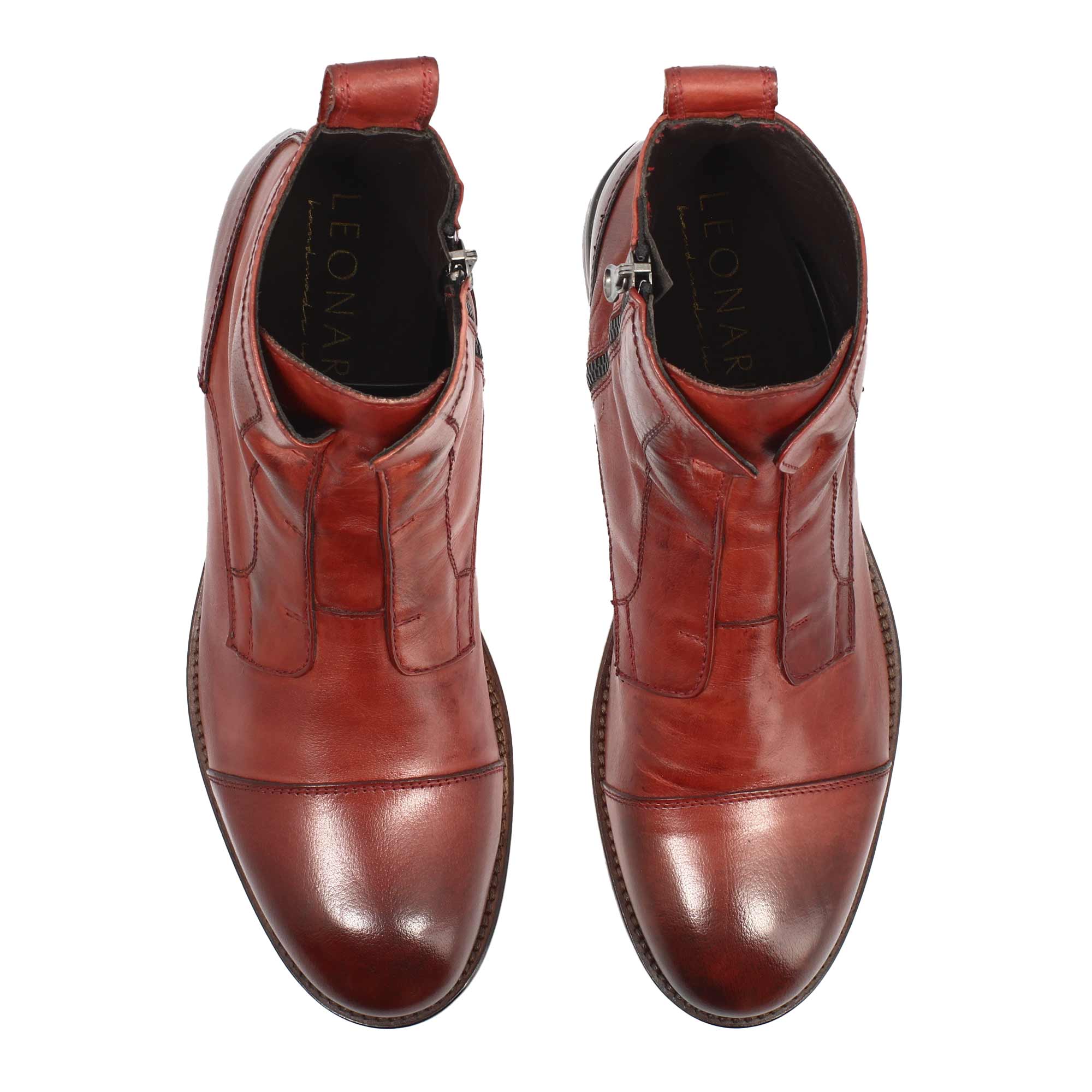 Leonardo Shoes Stivaletti Uomo Pelle Bordeaux Cap Toe Zip