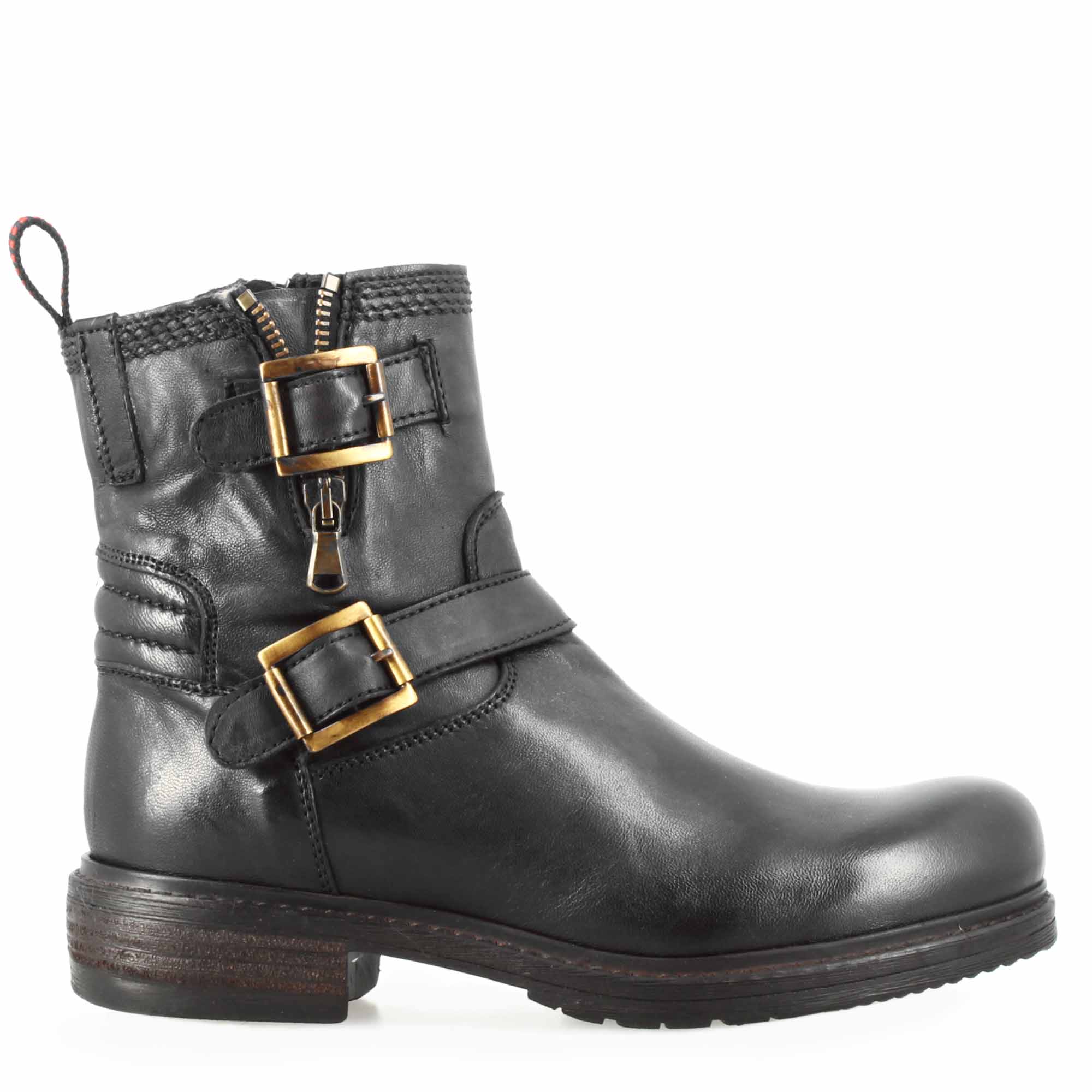 Leonardo Shoes Stivaletto Doppia Fibbia Stivali Donna Nero Vera Pelle