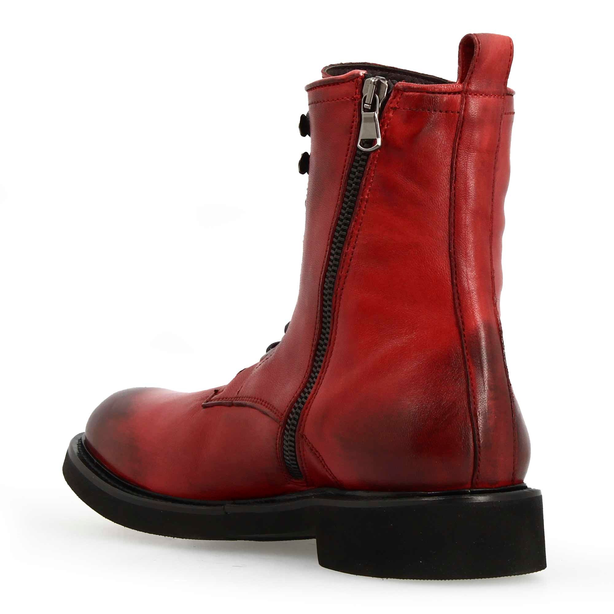 Leonardo Shoes Stivali Donna Anfibio Pelle Rosso Lacci Zip Gomma