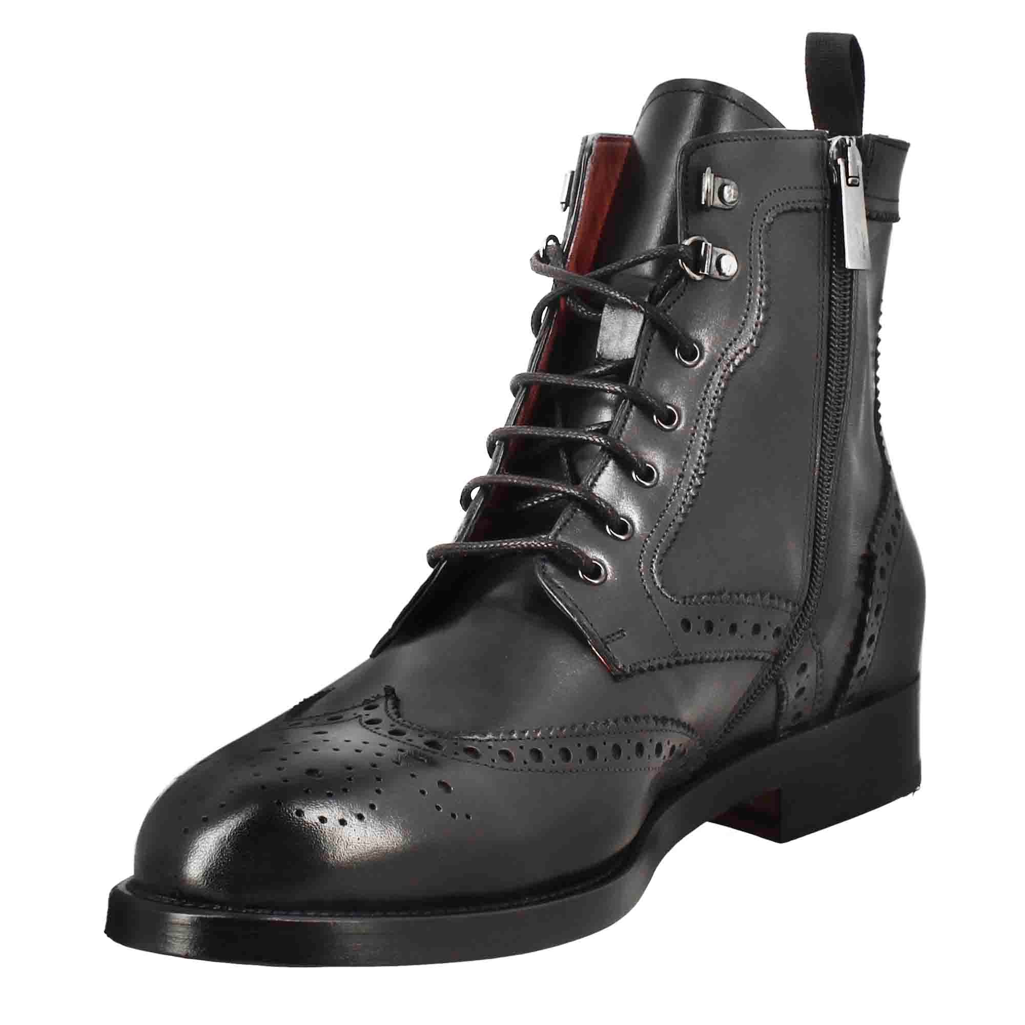 Leonardo Shoes Stivaletti Uomo Anfibio Brogue Pelle Nero