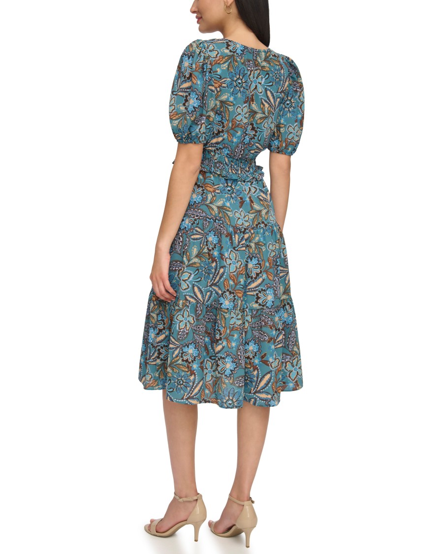 Vince Camuto Abito Midi Vita Alta Maniche Sbuffo Donna
