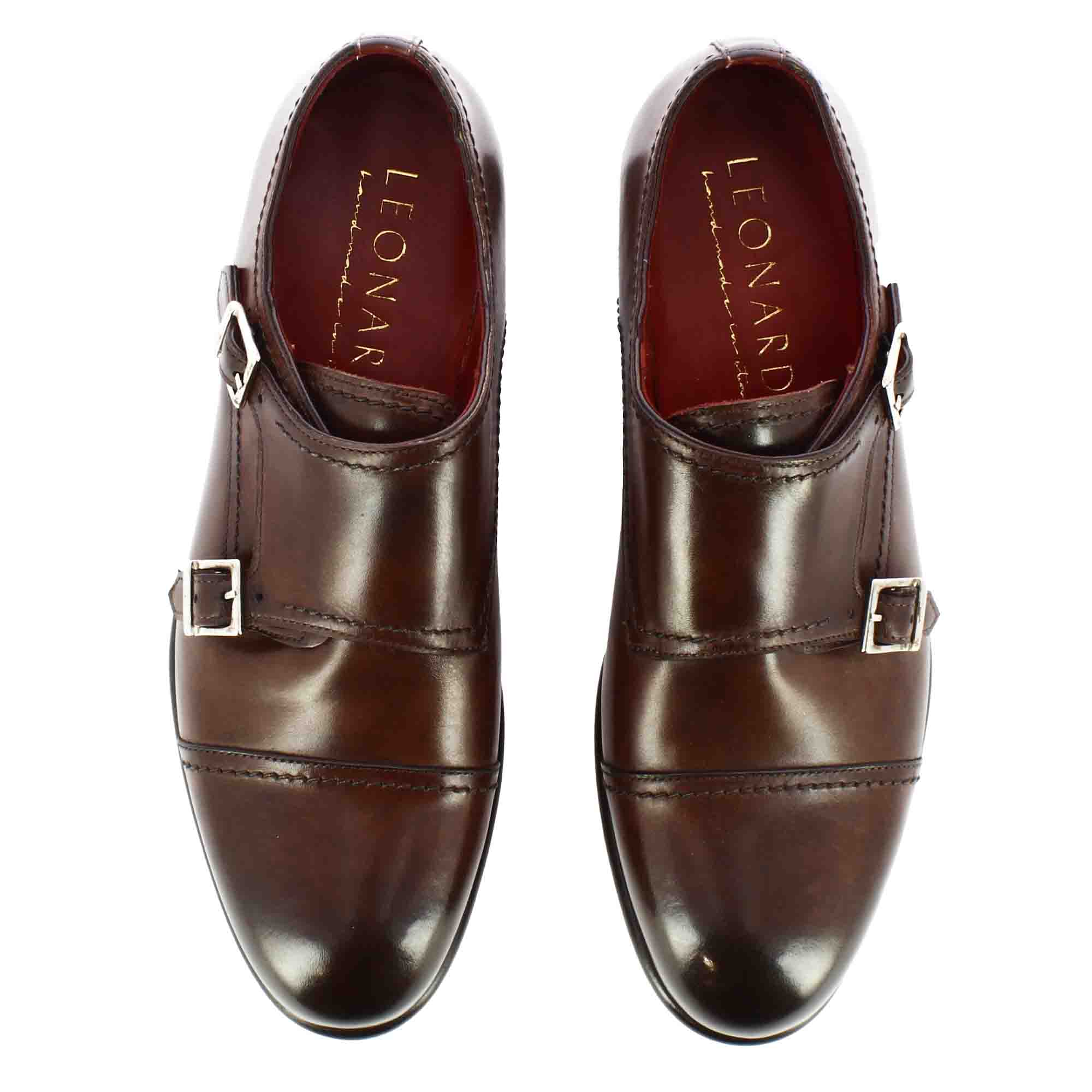 Leonardo Shoes francesine uomo doppia fibbia marrone