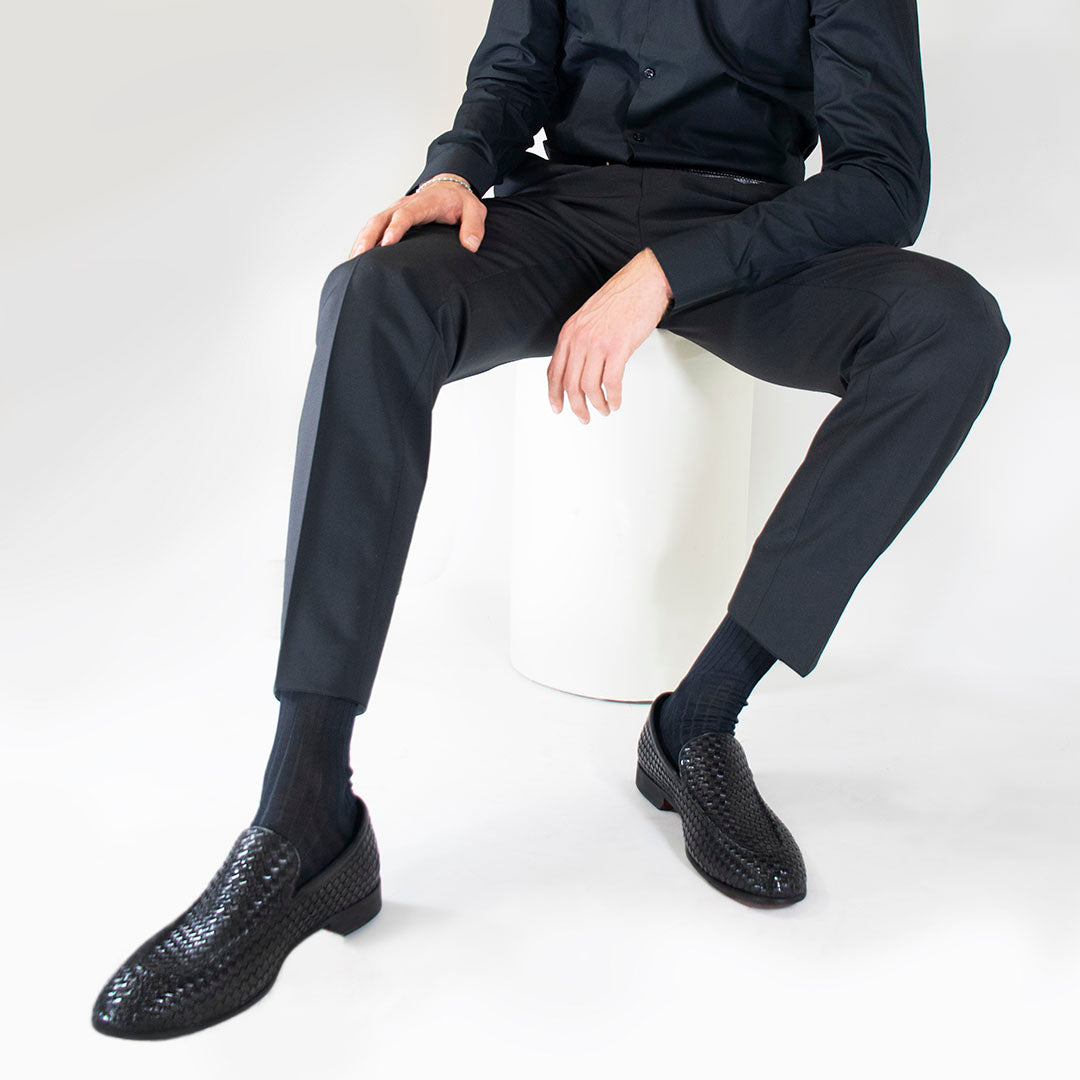Leonardo Shoes mocassini uomo nero pelle intrecciata