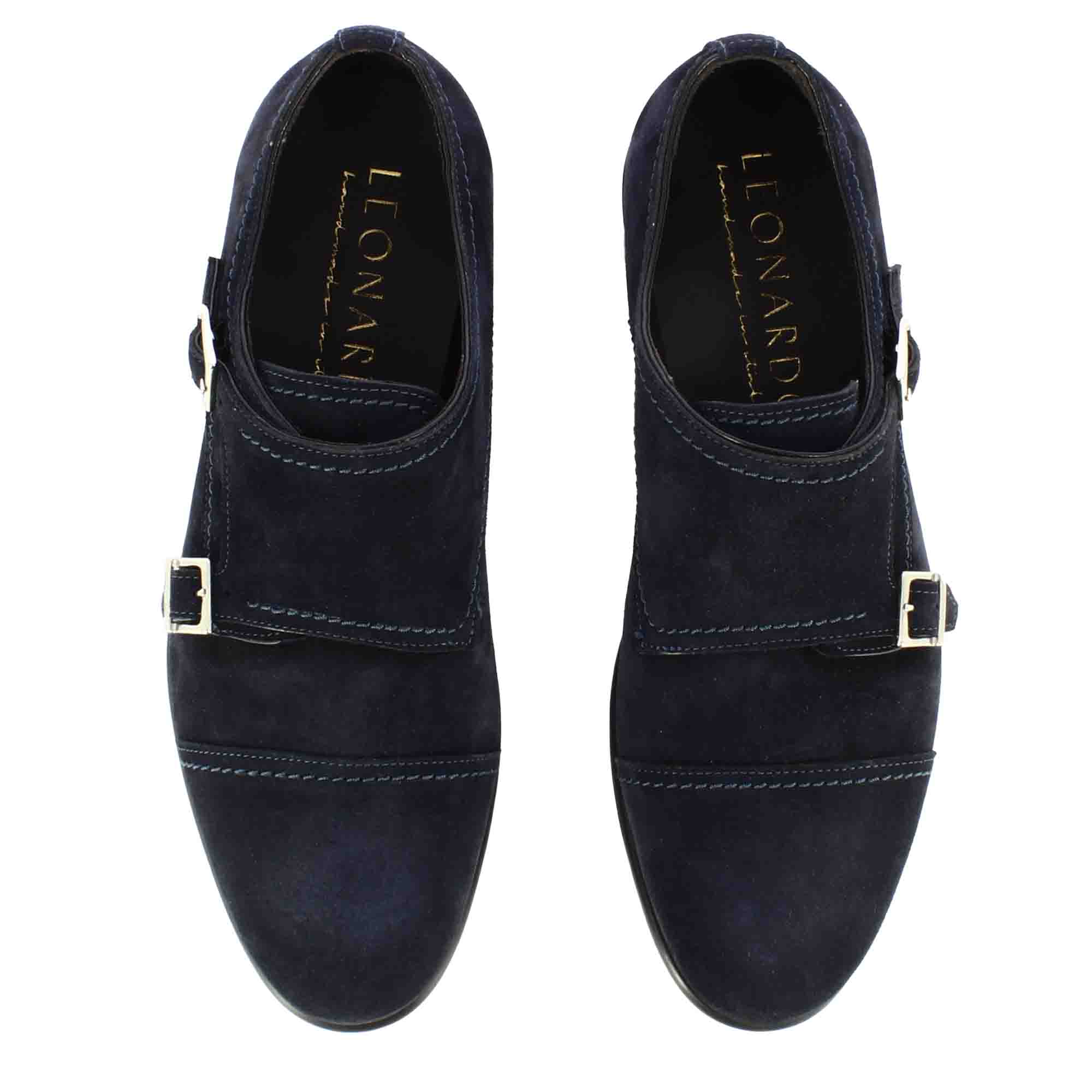 Leonardo Shoes Francesine Uomo scarpe doppia fibbia blu camoscio