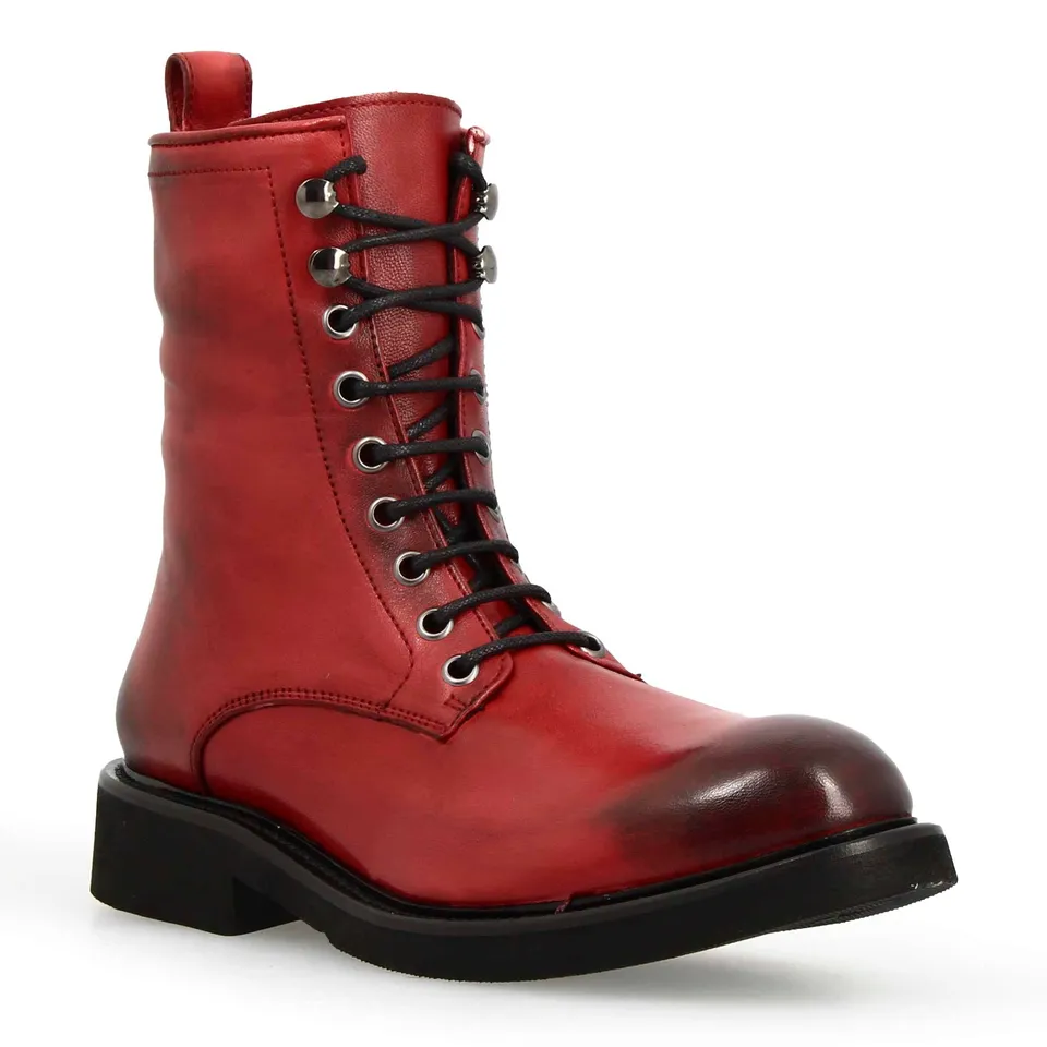Leonardo Shoes Stivali Donna Anfibio Pelle Rosso Lacci Zip Gomma