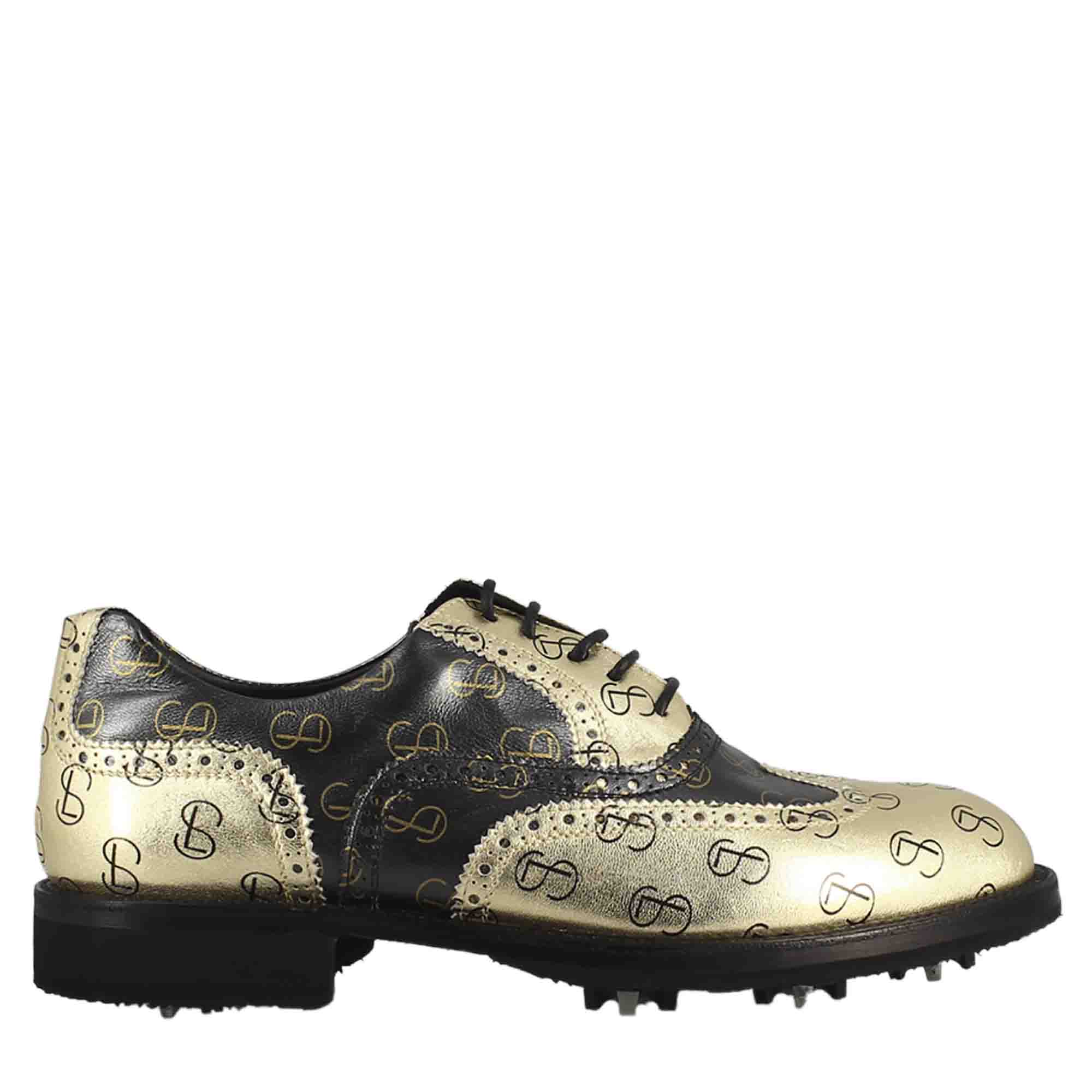 Leonardo Shoes Golf Calzature scarpe da golf nero oro pelle
