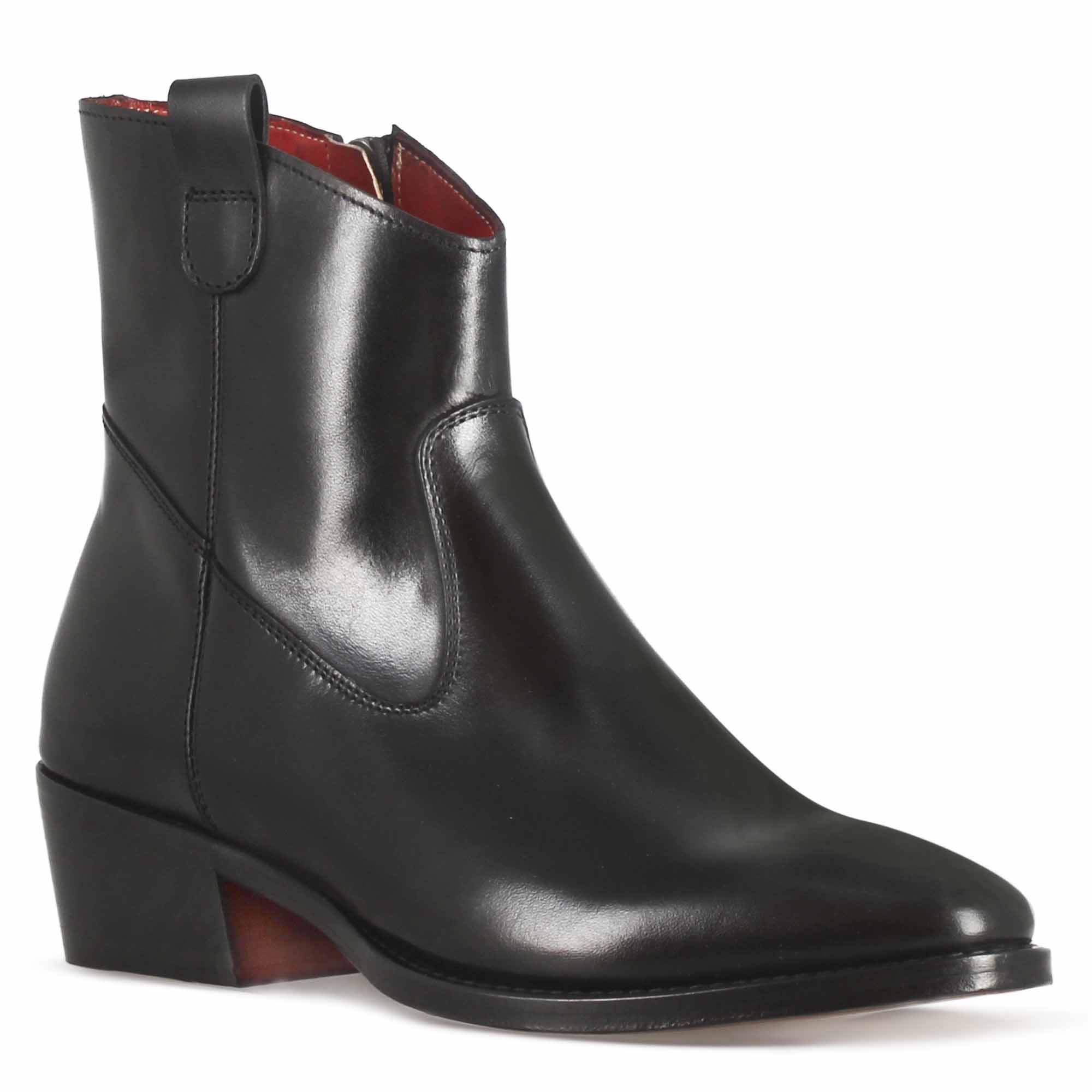 Leonardo Shoes Stivali Donna Texano Stivaletto Pelle Nero Tacco 4 cm