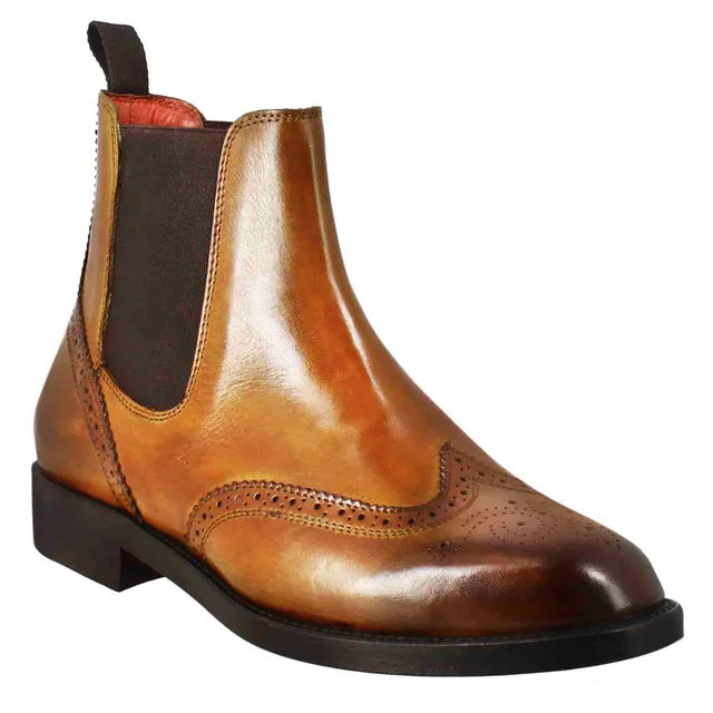 Leonardo Shoes Stivali Donna Chelsea Pelle Marrone Brogue