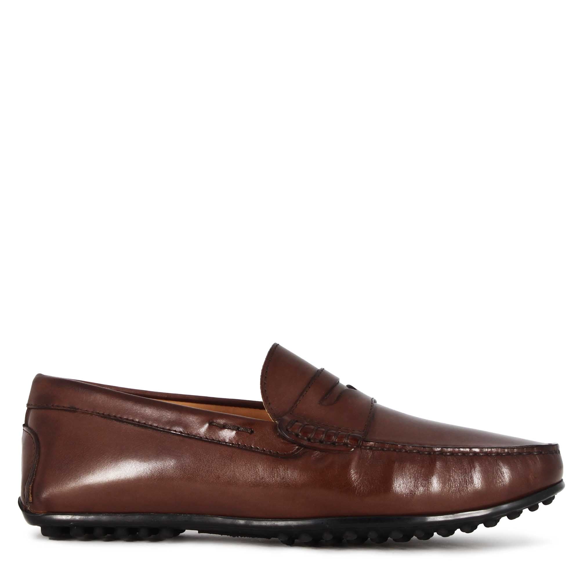 Leonardo Shoes Mocassino Barca Uomo Pelle Marrone Scuro