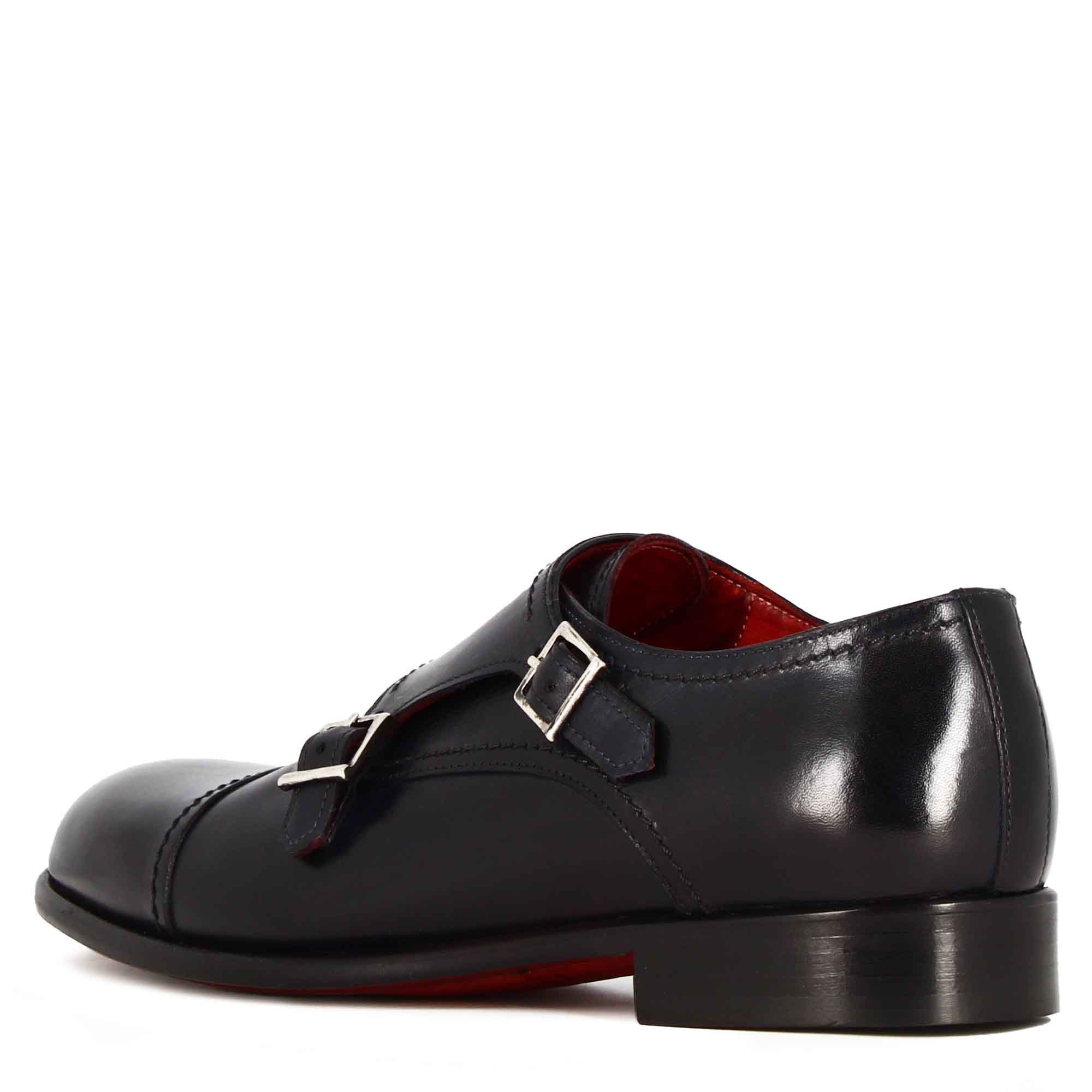 Leonardo Shoes Doppia Fibbia Francesine Uomo pelle blu