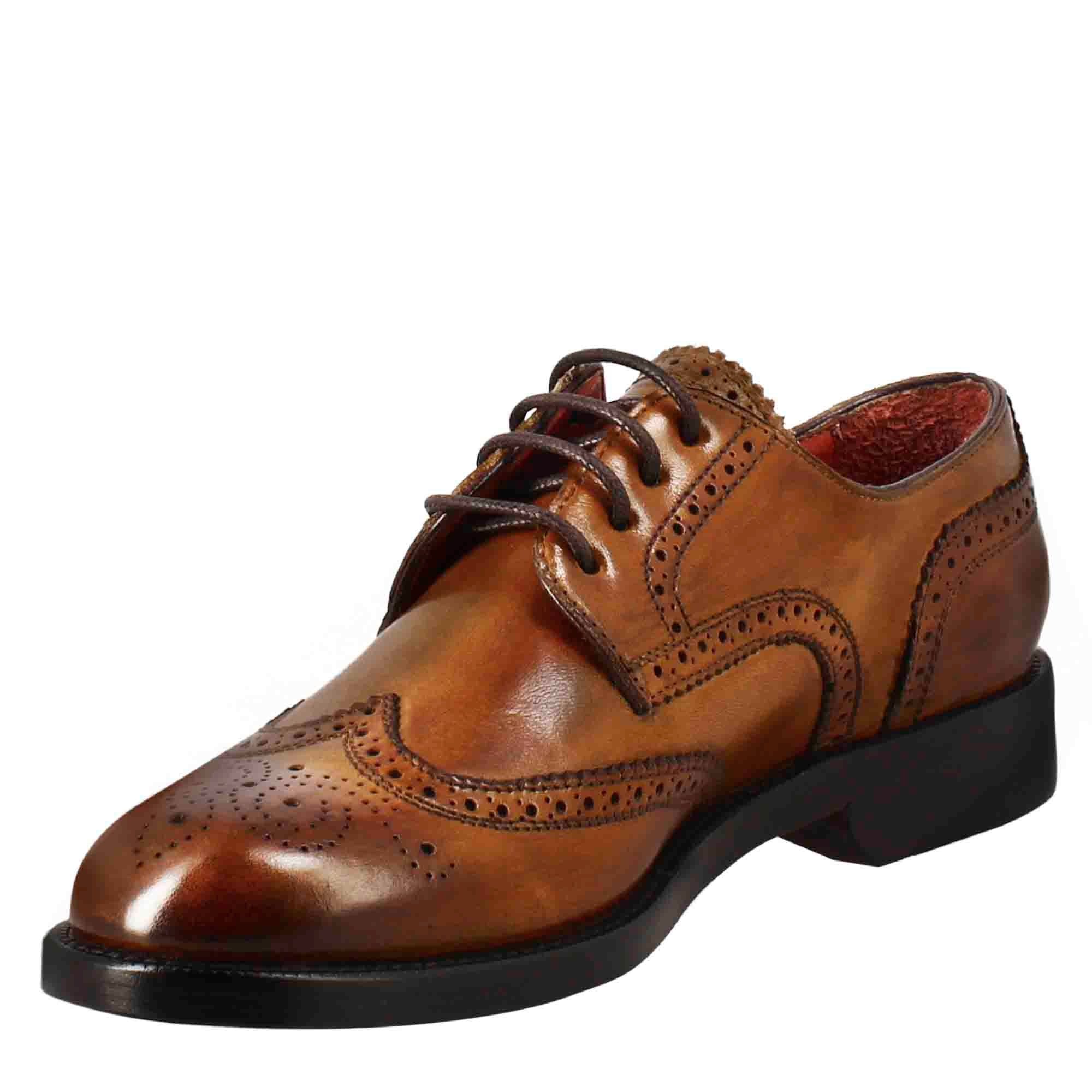 Leonardo Shoes Derby Brogue Donna Pelle Marrone Chiaro Stringate