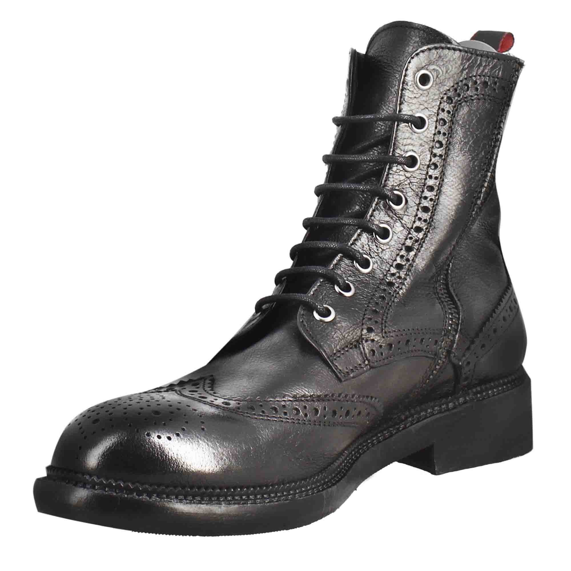 Leonardo Shoes Stivaletti Uomo Anfibi Candy Pelle Nero Brogue