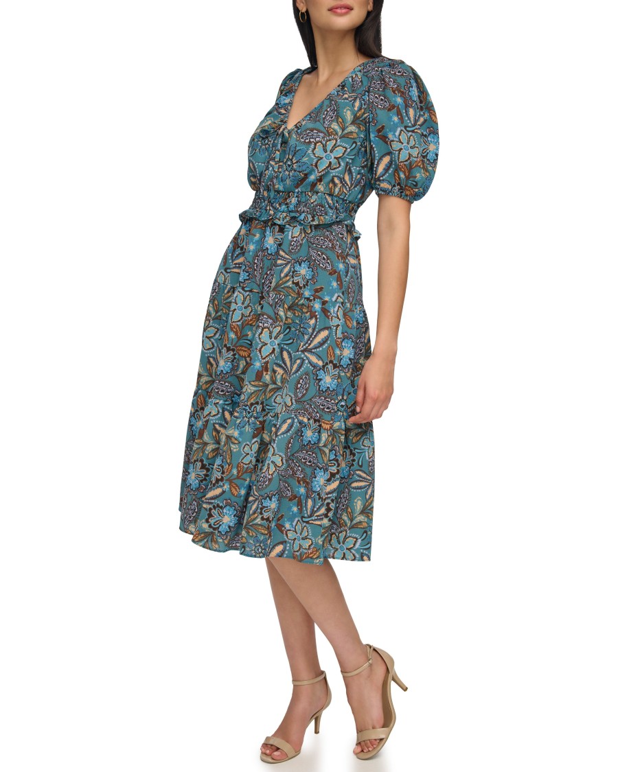 Vince Camuto Abito Midi Vita Alta Maniche Sbuffo Donna