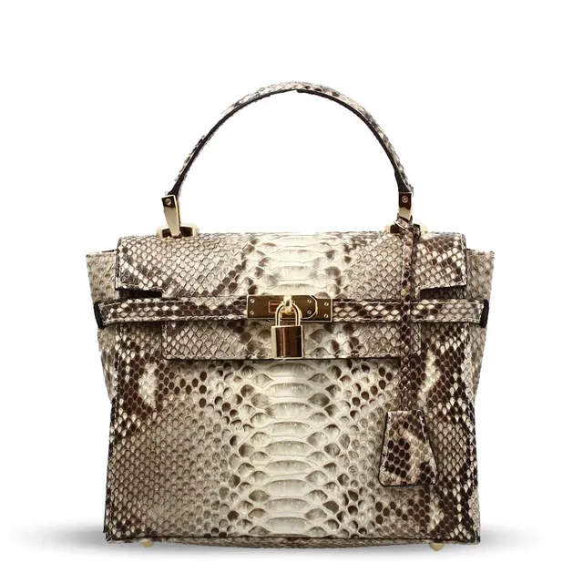 Leonardo Shoes borsa mano donna pitone marrone 25 cm