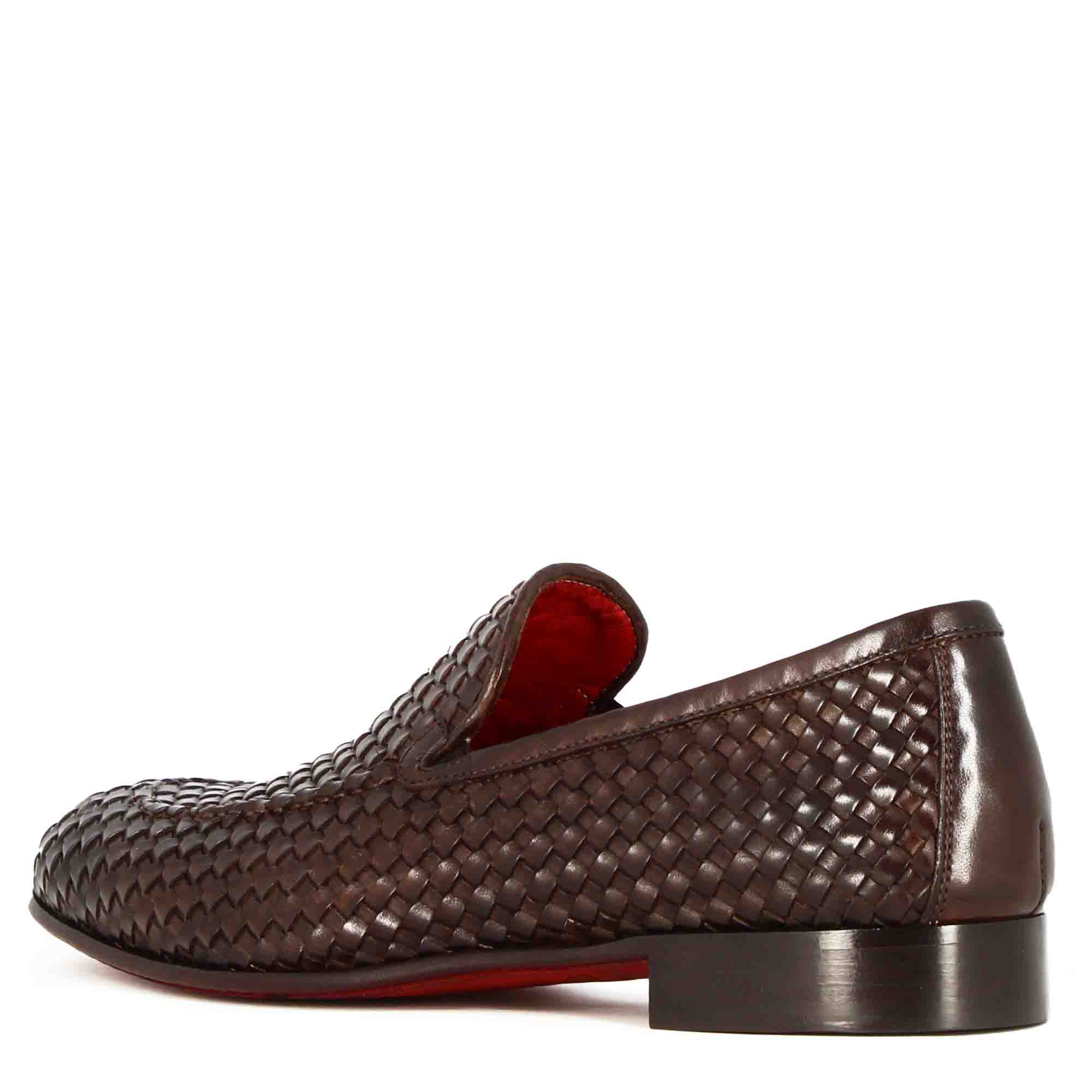 Leonardo Shoes Mocassini Uomo pelle intrecciata marrone scuro