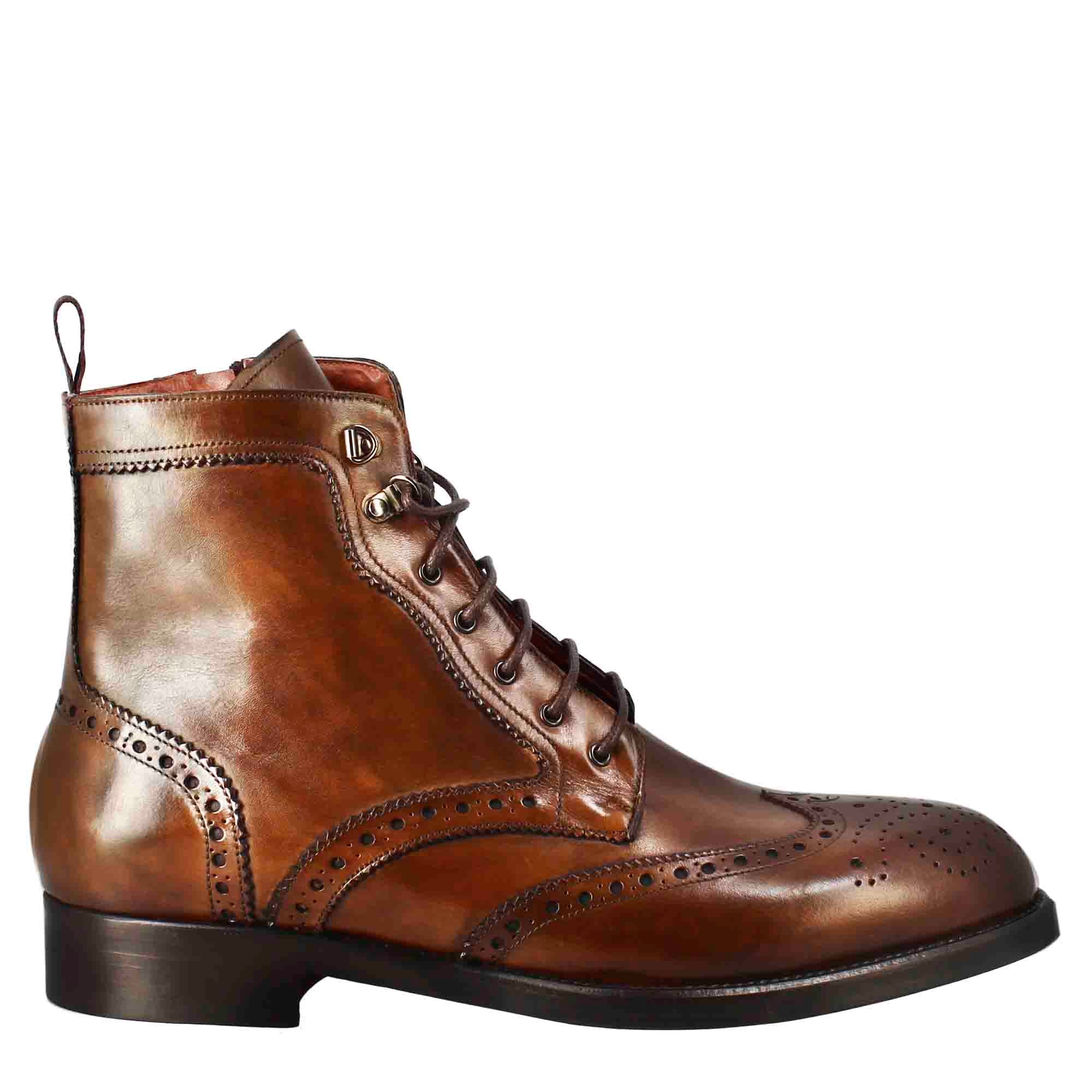 Leonardo Shoes Stivaletti Uomo Anfibio Brogue Pelle Marrone