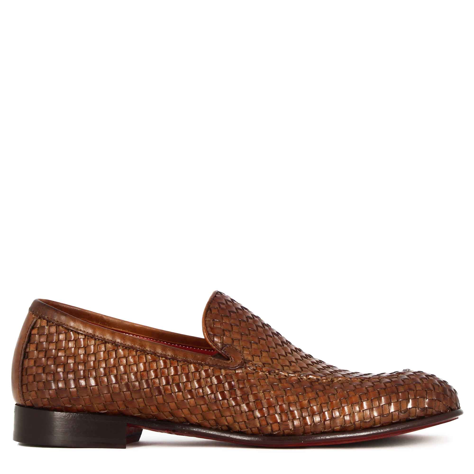 Leonardo Shoes mocassini uomo pelle intrecciata marrone chiaro