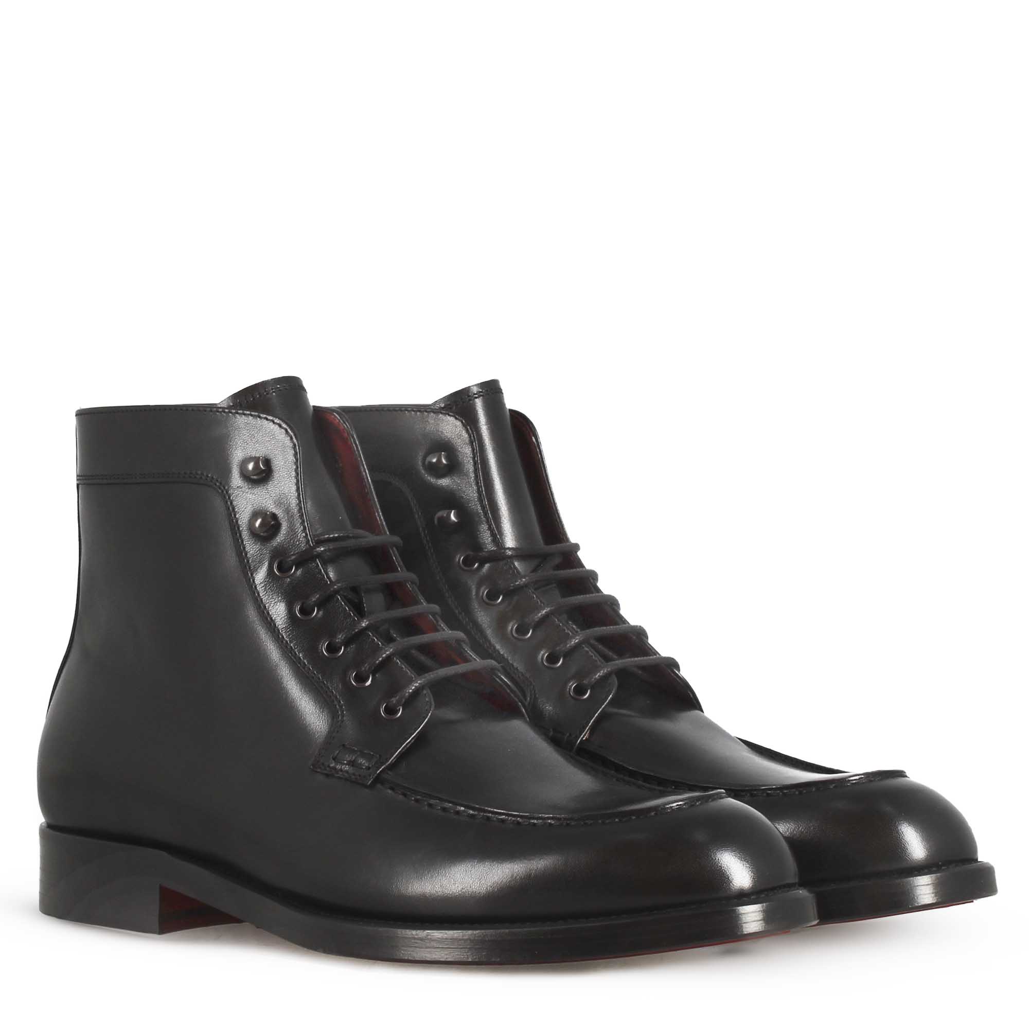 Leonardo Shoes stivaletti uomo pelle nera stringati cuoio
