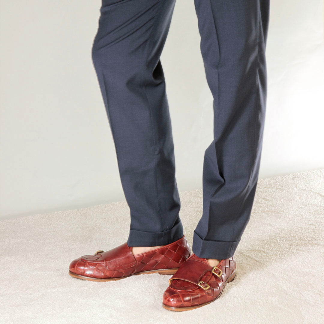 Leonardo Shoes BF-30 mocassini uomo bordeaux intrecciati fibbia