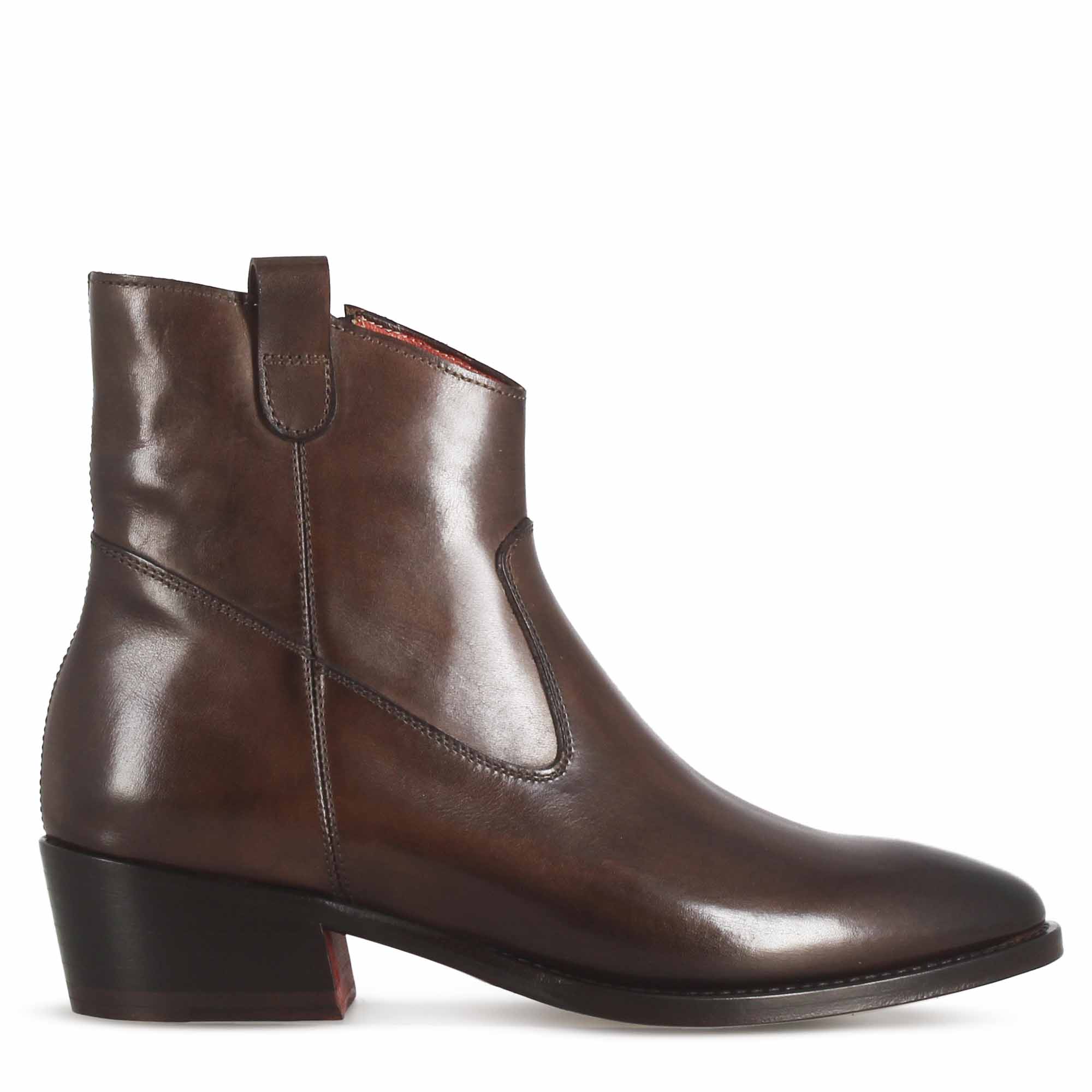 Leonardo Shoes Stivali Donna texano marrone scuro stivaletto pelle