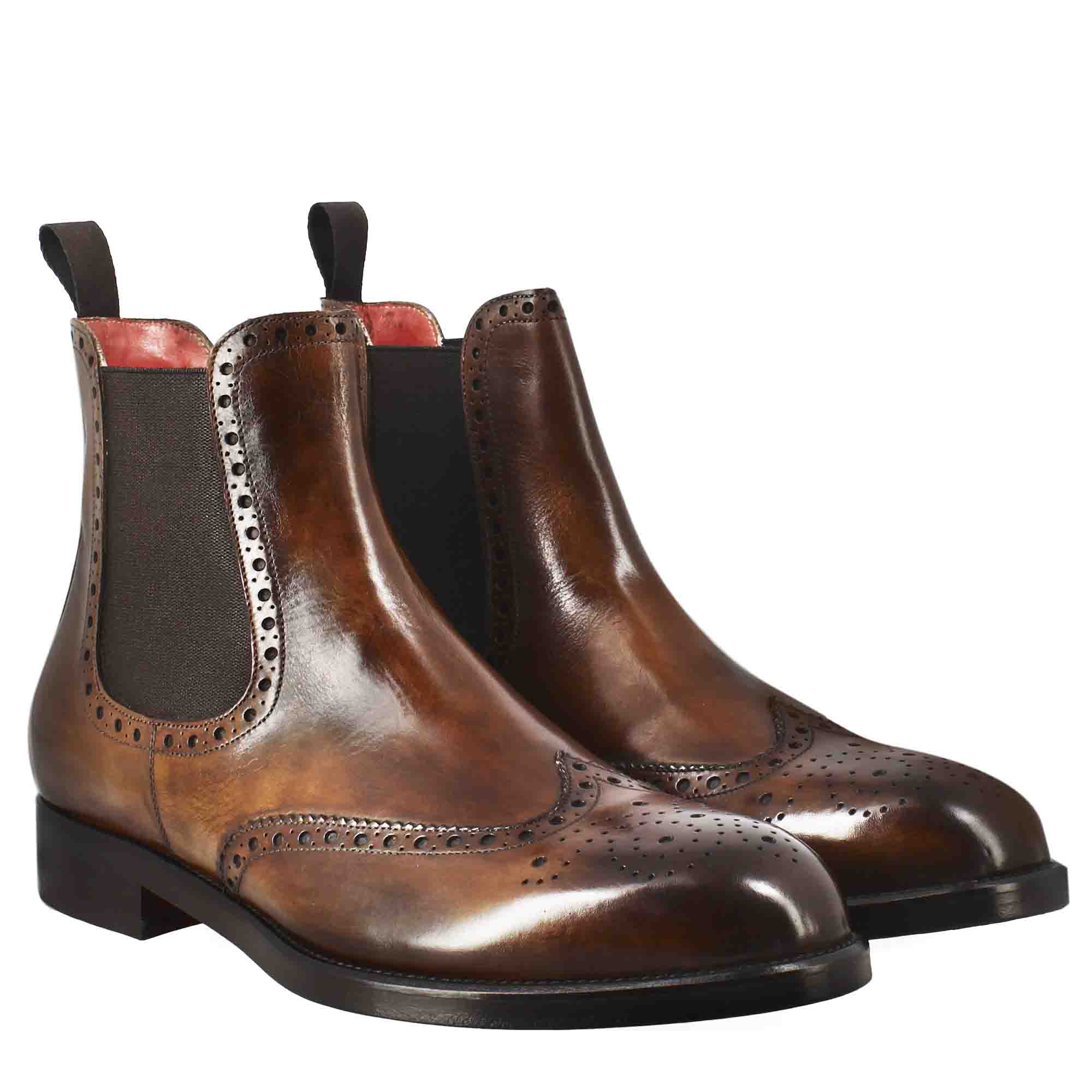 Leonardo Shoes Stivaletti uomo chelsea brogue pelle marrone