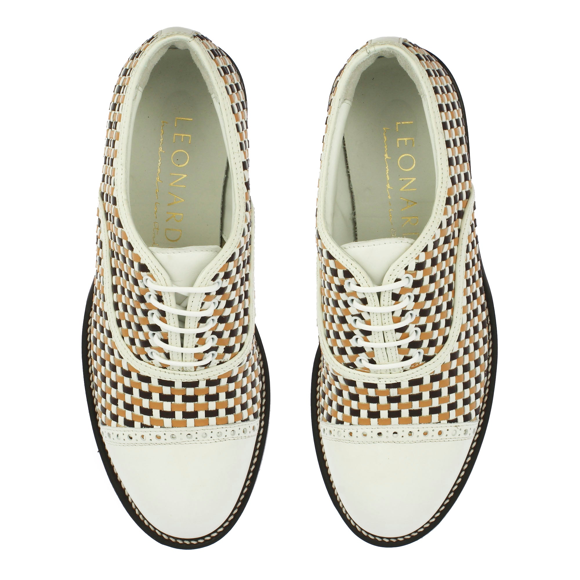 Leonardo Shoes Golf scarpe golf pelle intrecciata bianco marrone
