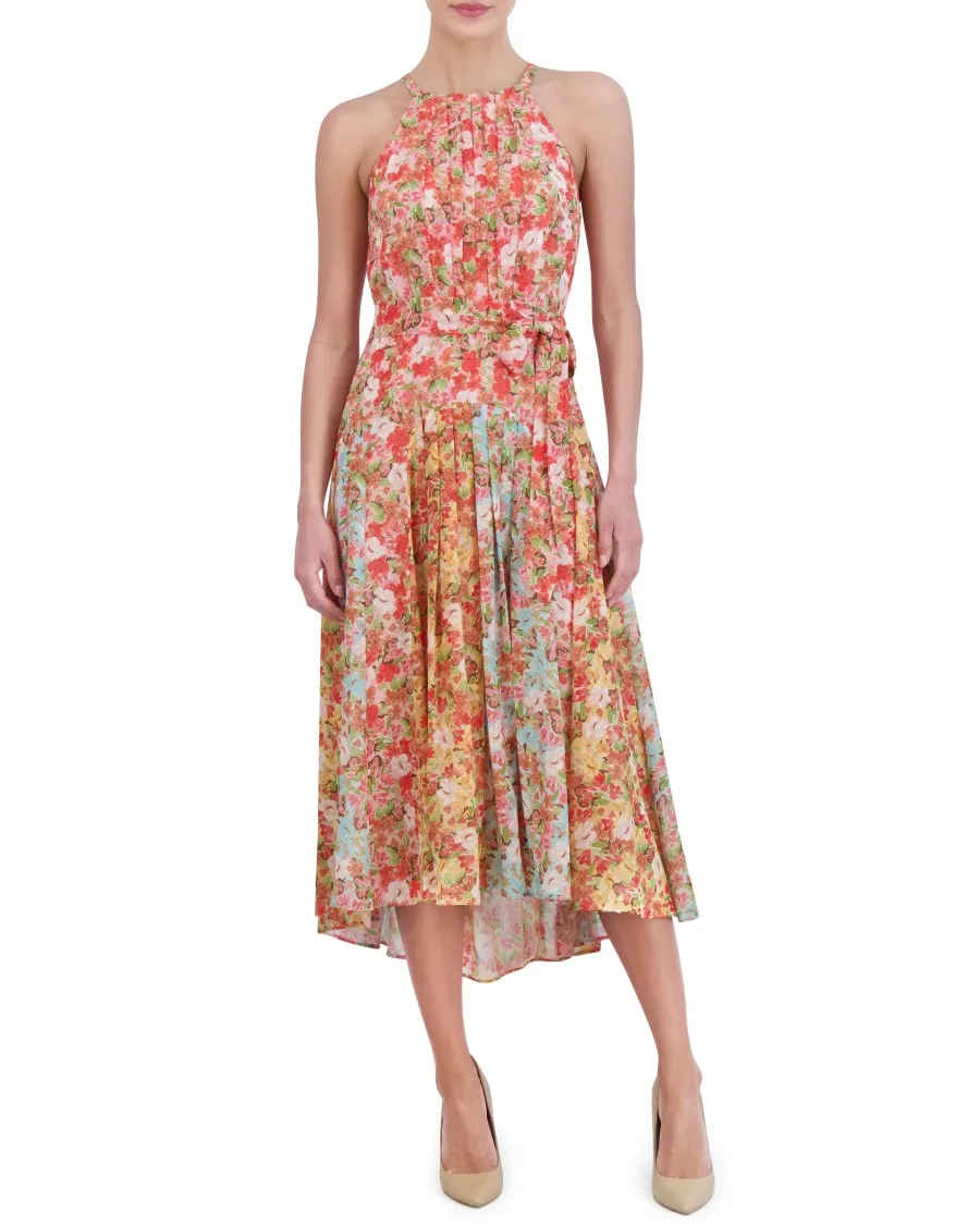 Vince Camuto abito midi chiffon plissettato stampato halter