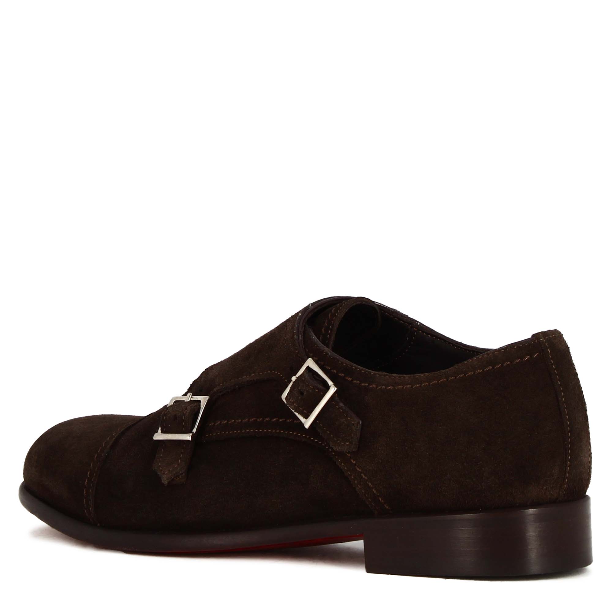 Leonardo Shoes Francesine Uomo Doppia Fibbia Marrone Scuro Camoscio