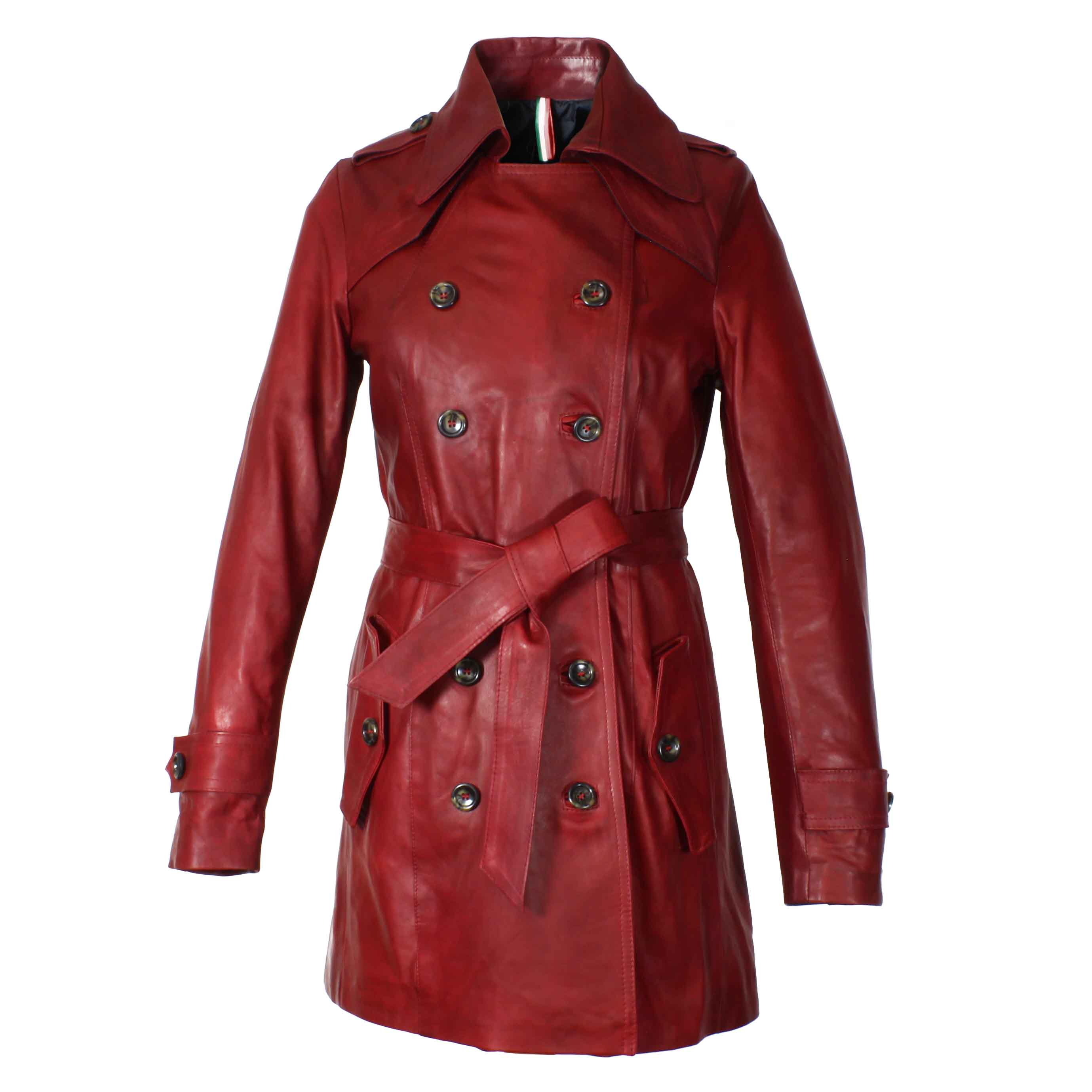 Leonardo Shoes trench donna pelle rosso scuro doppio petto