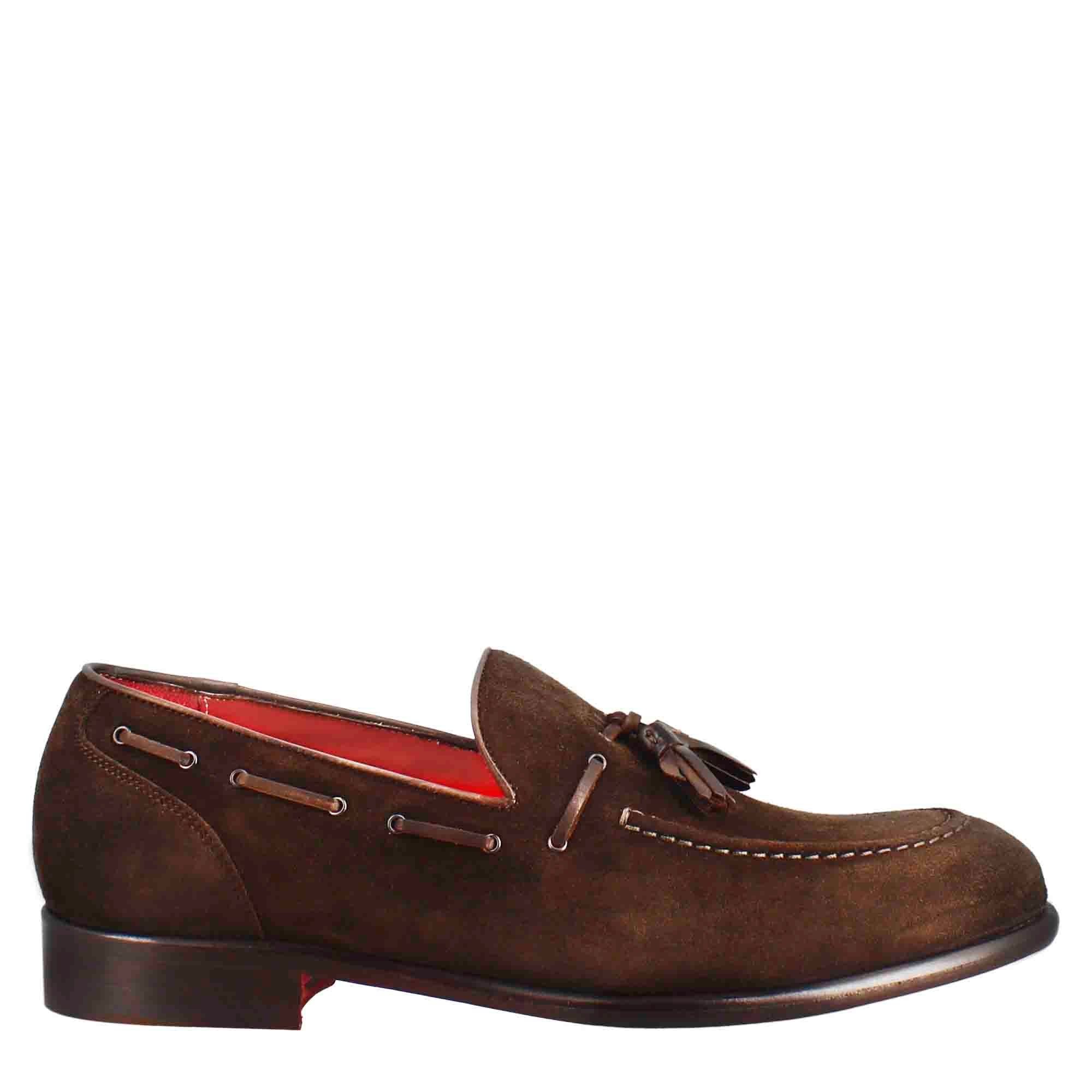 Leonardo Shoes mocassini uomo nappine camoscio marrone scuro
