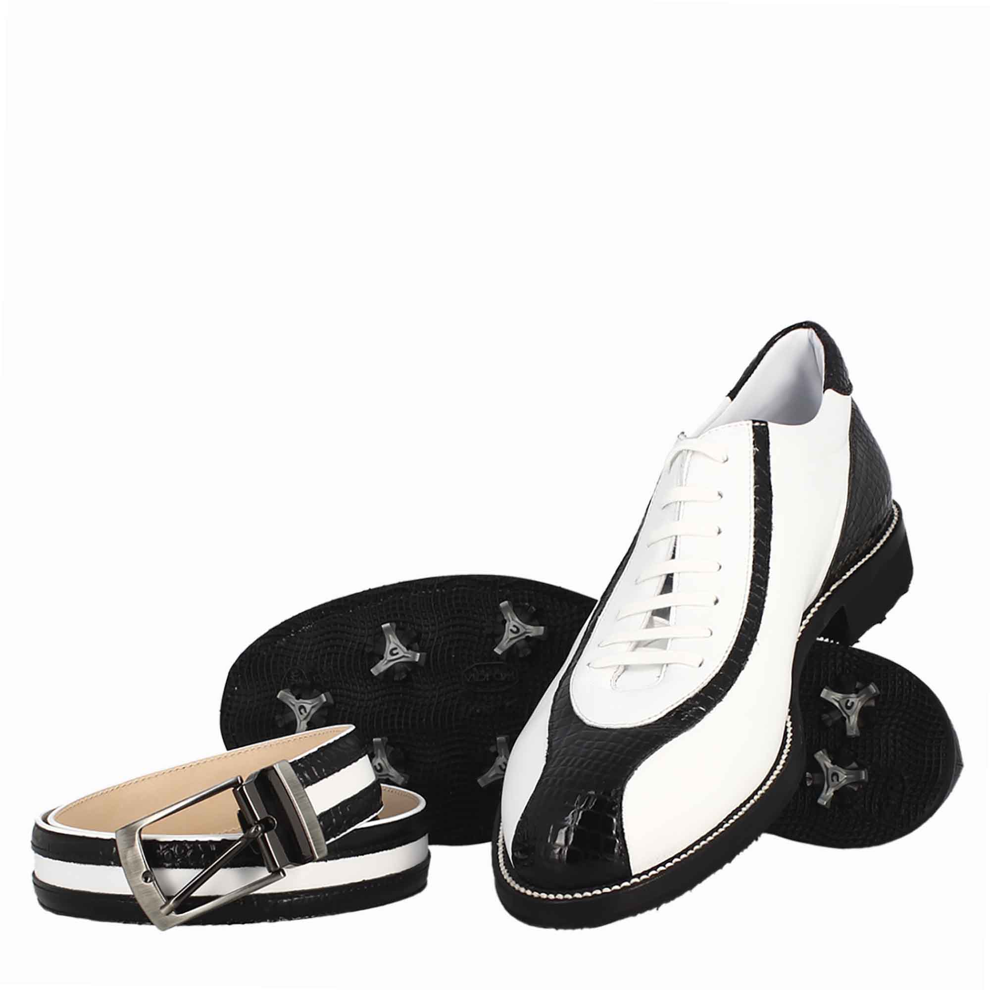 Leonardo Shoes Golf Scarpe Golf Pelle Bianco Cocco Nero