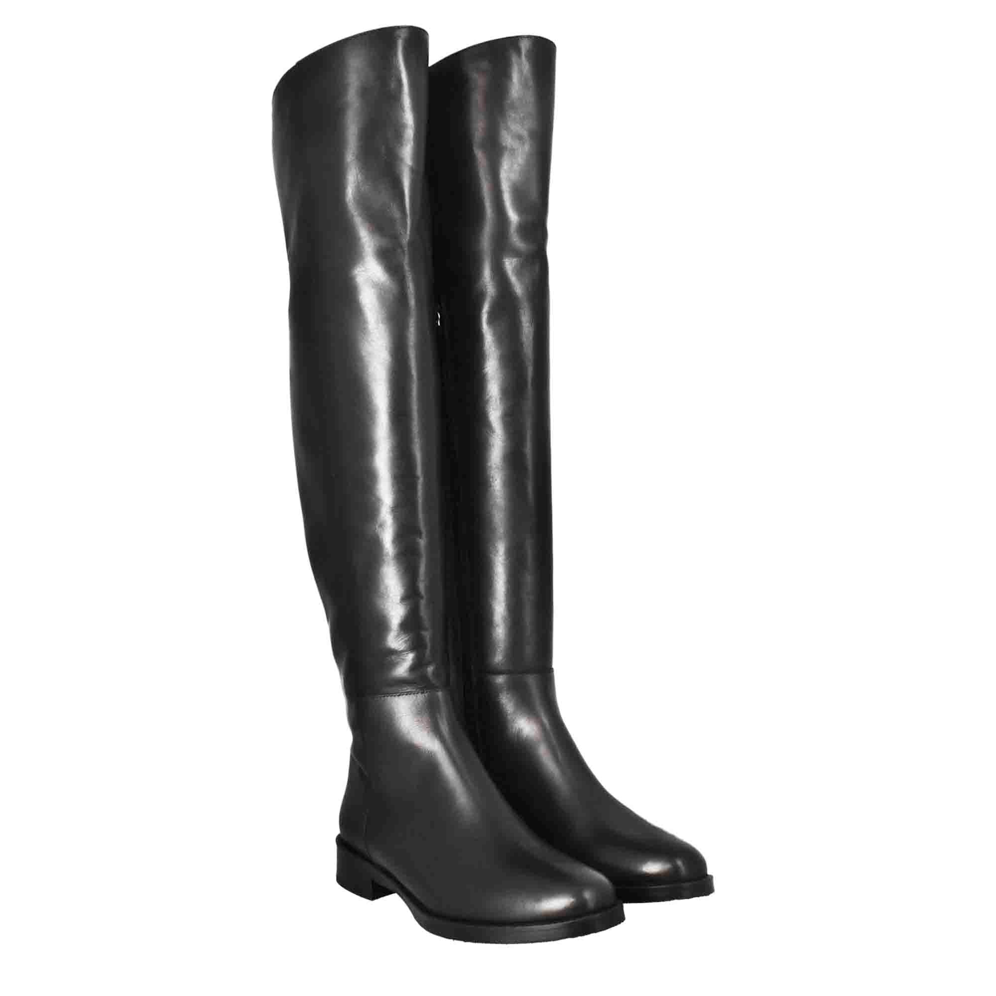 Leonardo Shoes Stivali Sopra Ginocchio Nero Tacco Basso Pelle