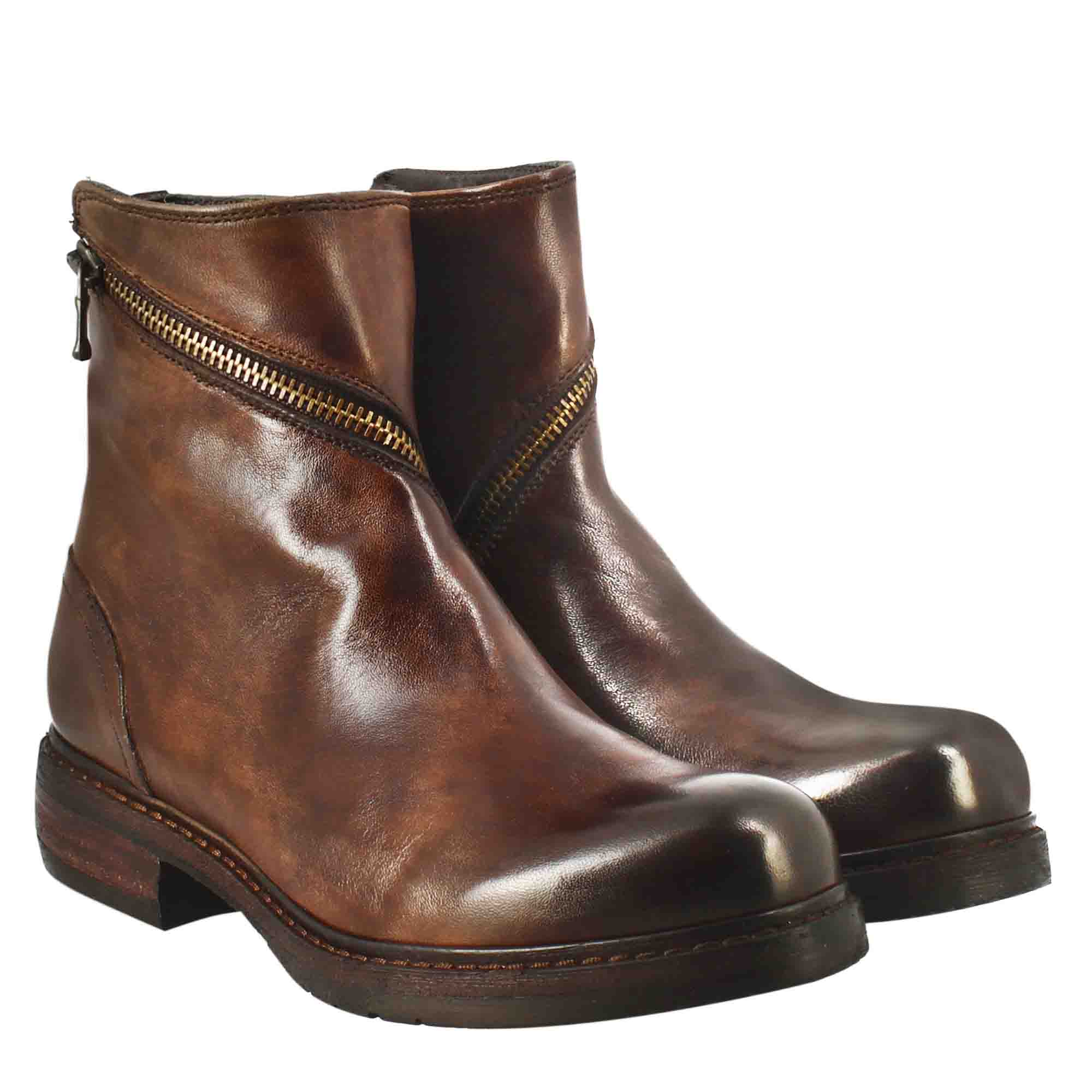 Leonardo Shoes Stivali Donna Stivaletto Pelle Marrone Zip