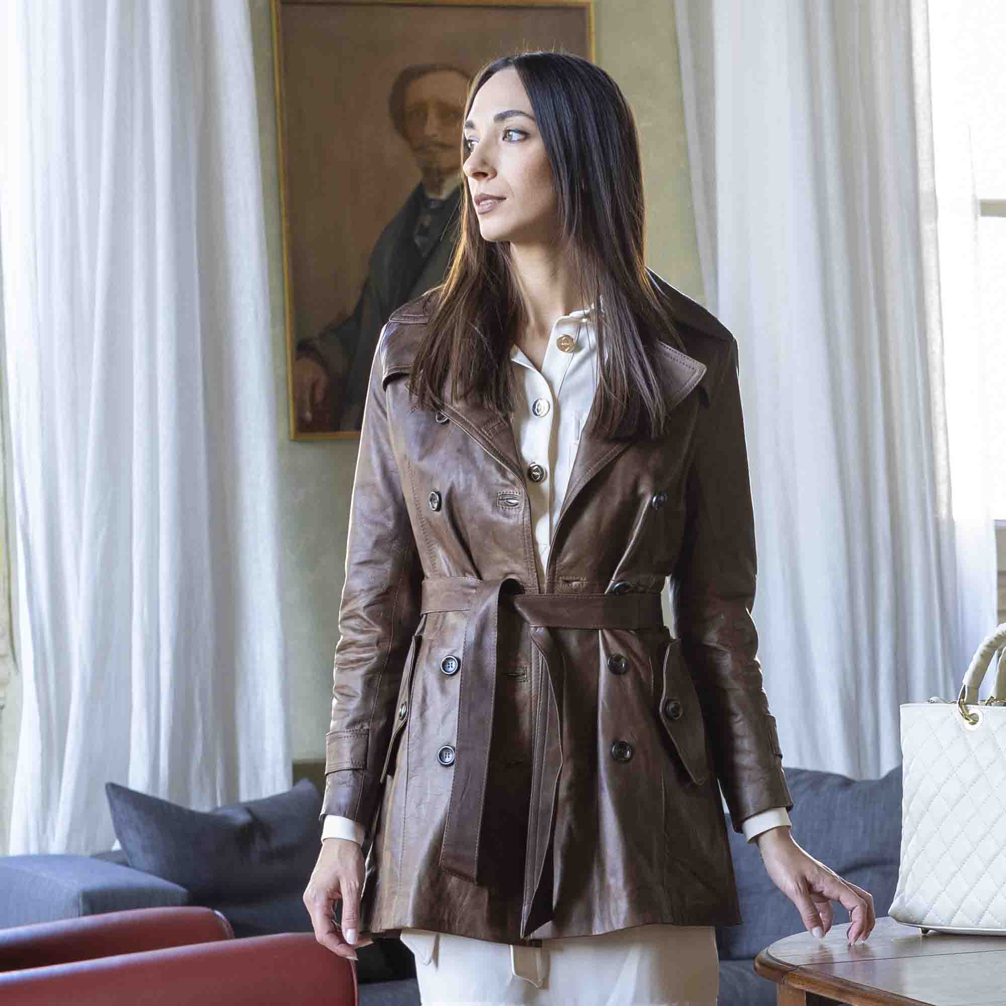 Leonardo Shoes Trench Marrone Giacca Donna Pelle