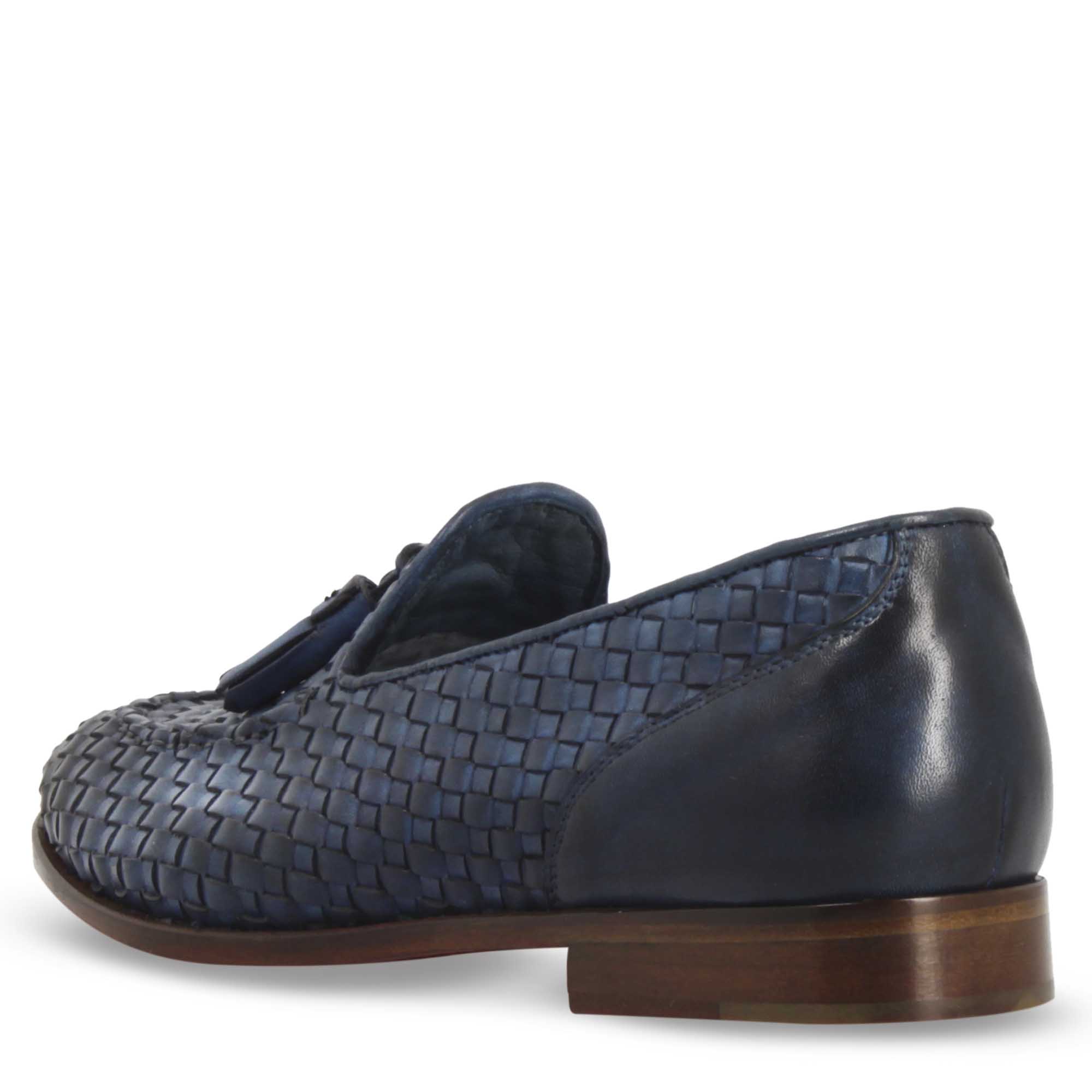 Leonardo Novella Mocassini donna pelle intrecciata blu nappine