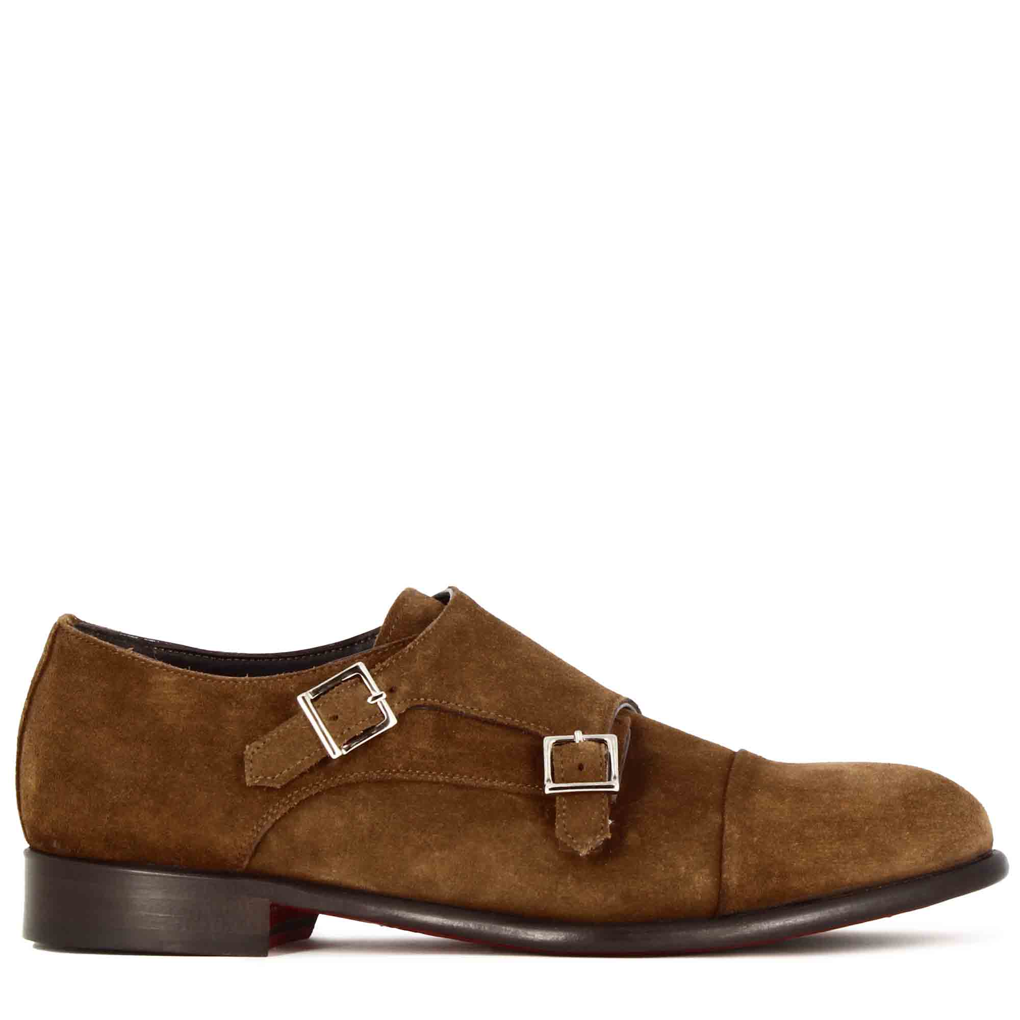 Leonardo Shoes doppia fibbia uomo marrone camoscio BF-30