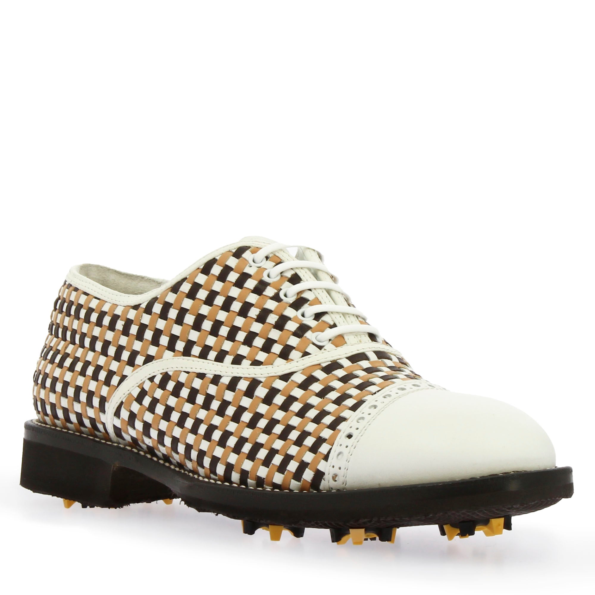 Leonardo Shoes Golf scarpe golf pelle intrecciata bianco marrone