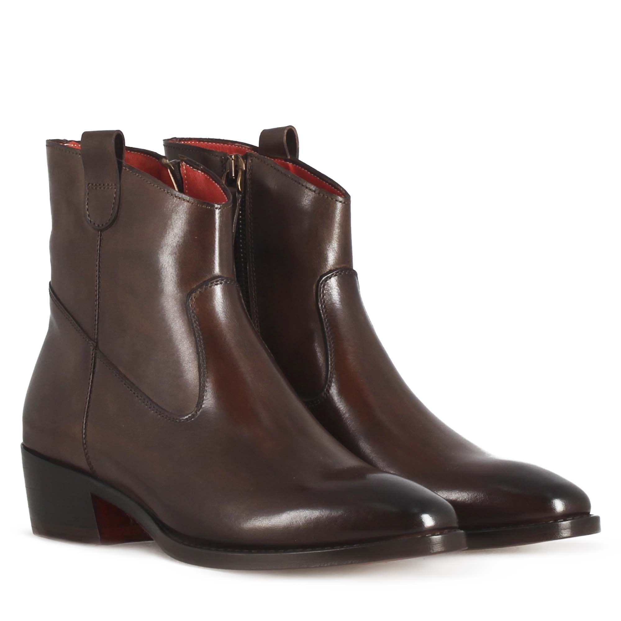 Leonardo Shoes Stivali Donna texano marrone scuro stivaletto pelle