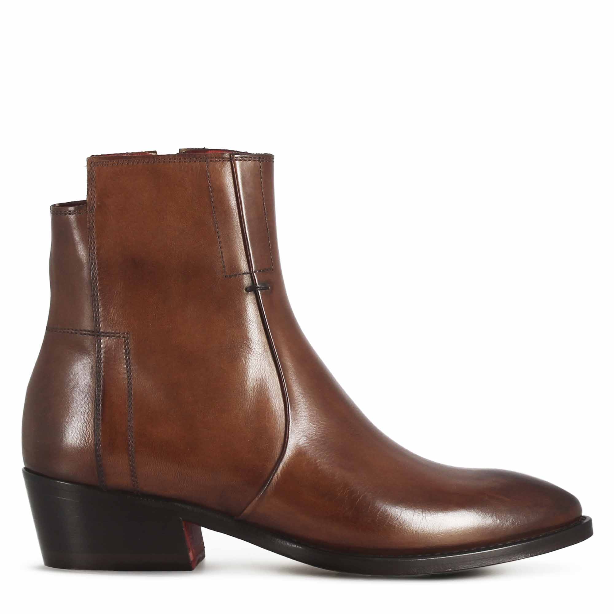 Leonardo Shoes stivaletto texano donna pelle marrone tacco 4 cm